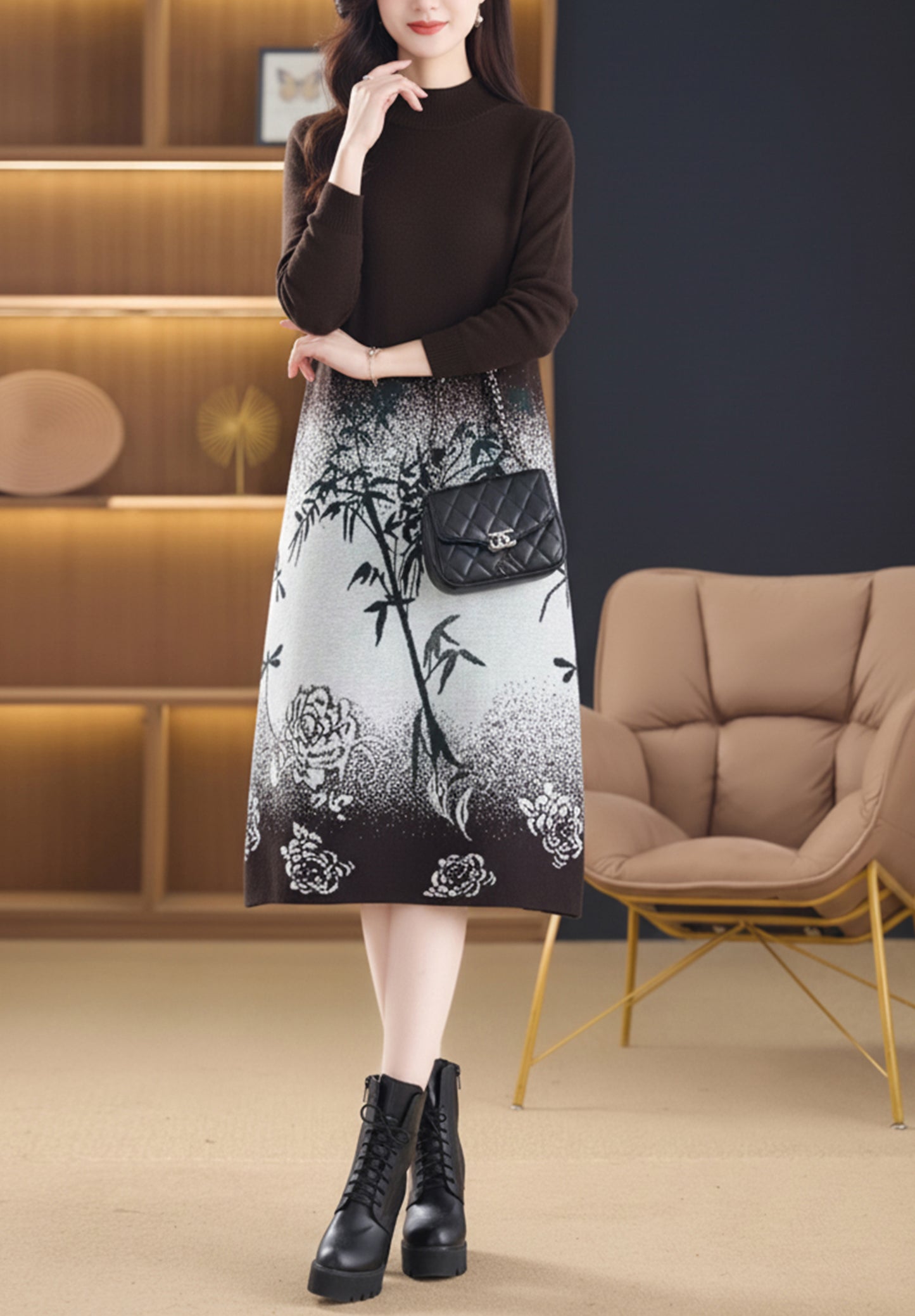Women's Fashion Print Knit Pullover Sweater Midi Dress