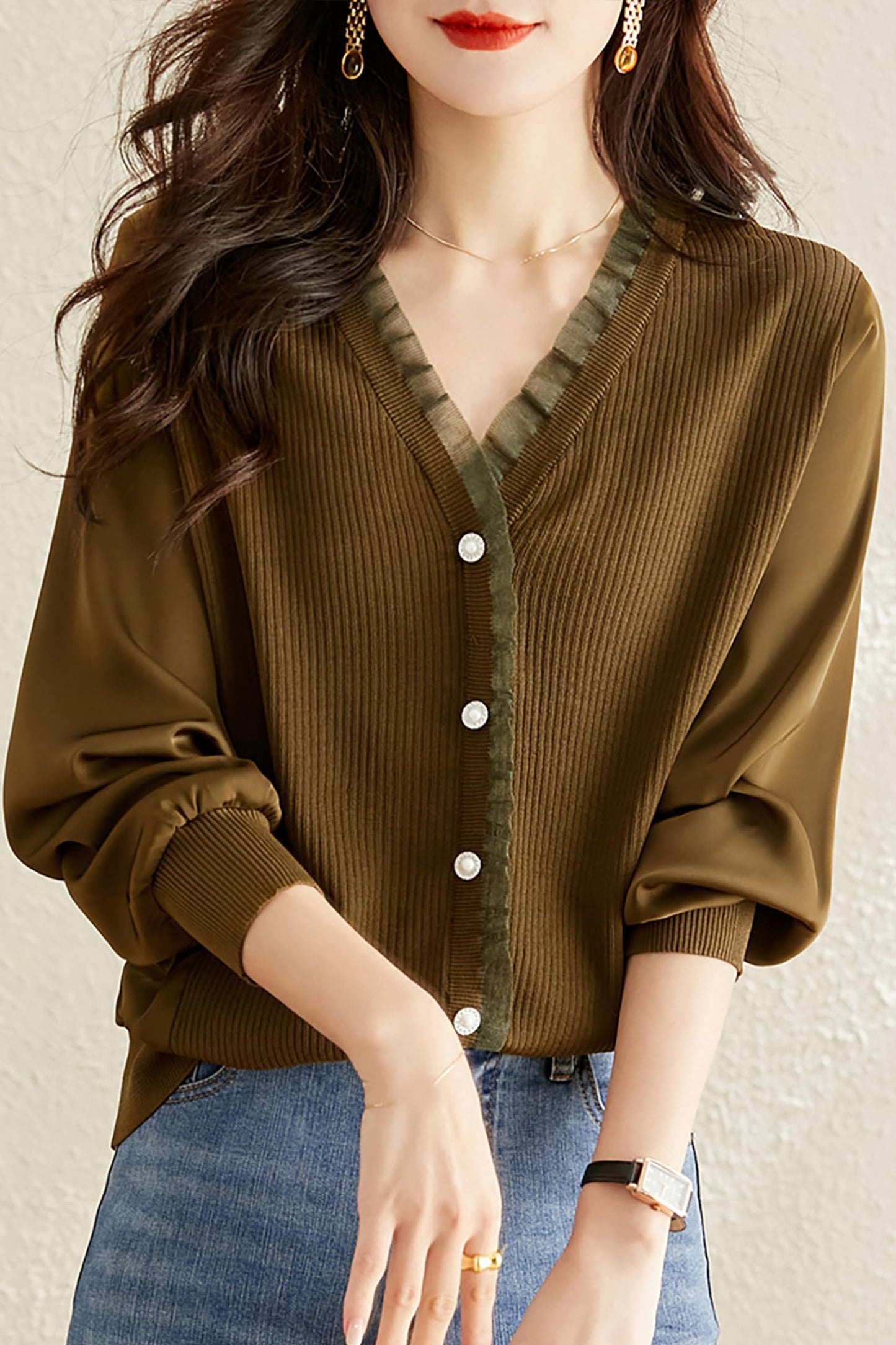Knit Patchwork Button Casual Blouse Tops - LAI MENG FIVE CATS