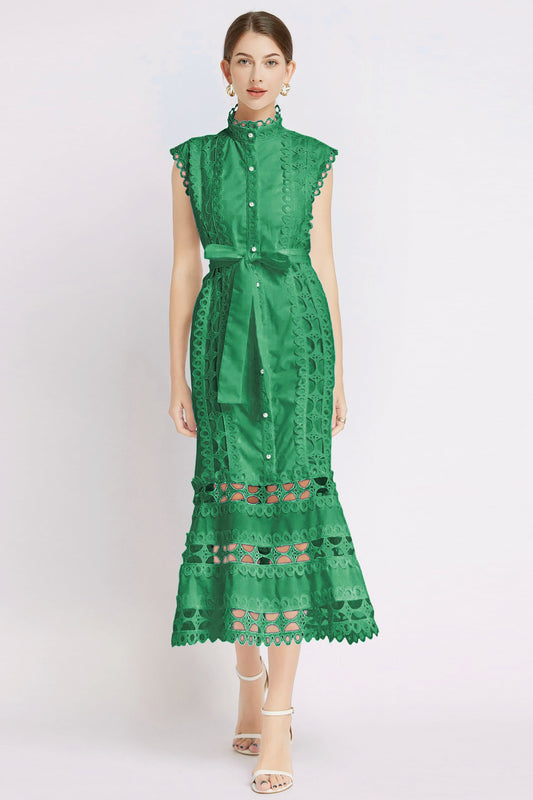 Women's Sleeveless Hollow Out Lace Midi Dress
