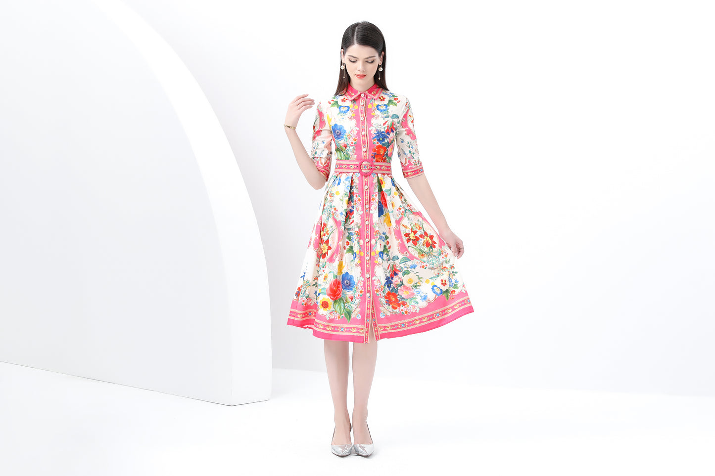 Women's Print Button Collar Short Sleeve Midi Dress