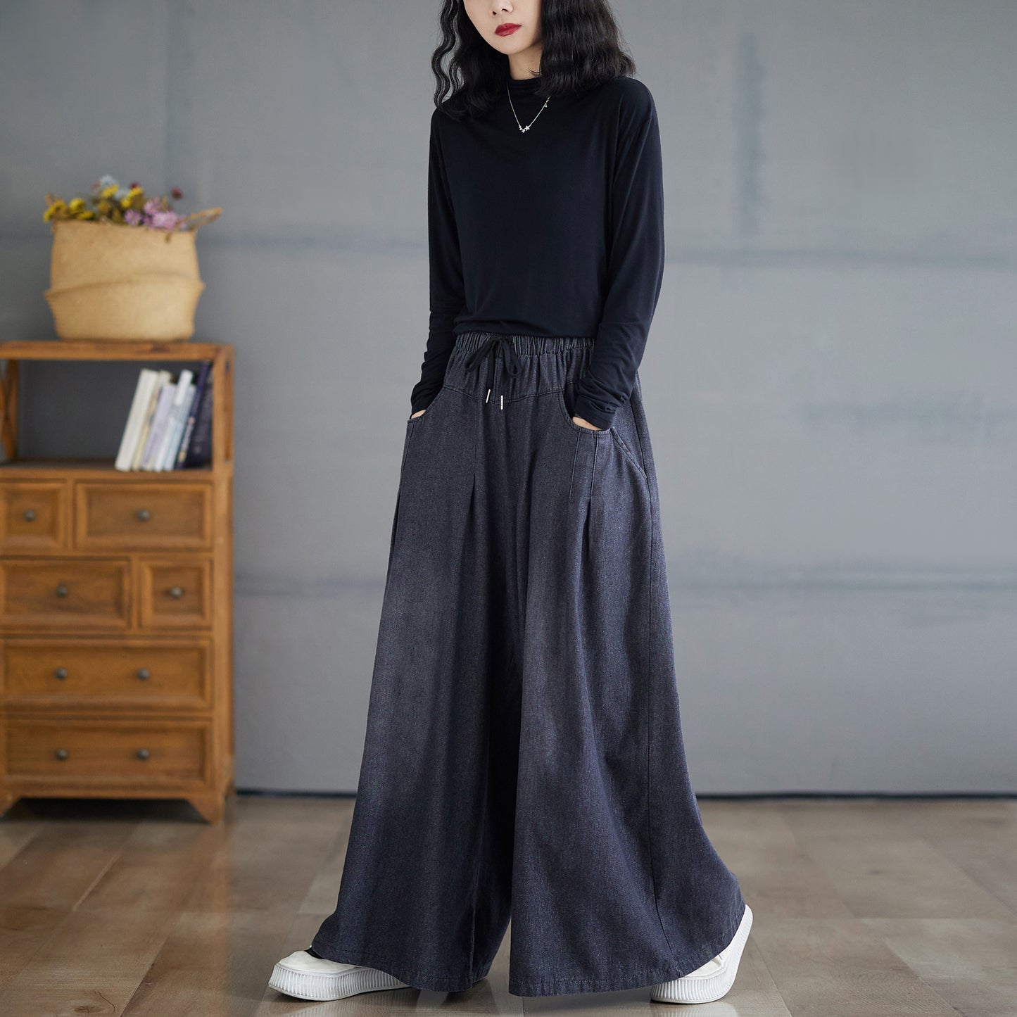 BK-Loose Elastic Waisted Drawstring Wide Leg Pants