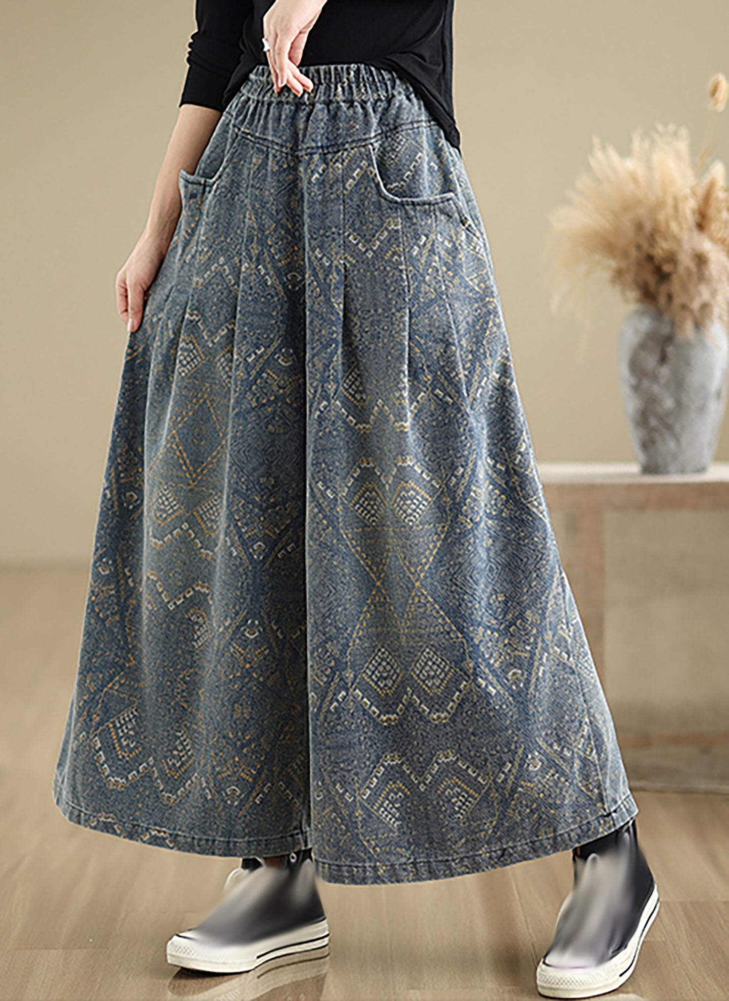 Loose Elastic Waist Wide Leg Denim Pants