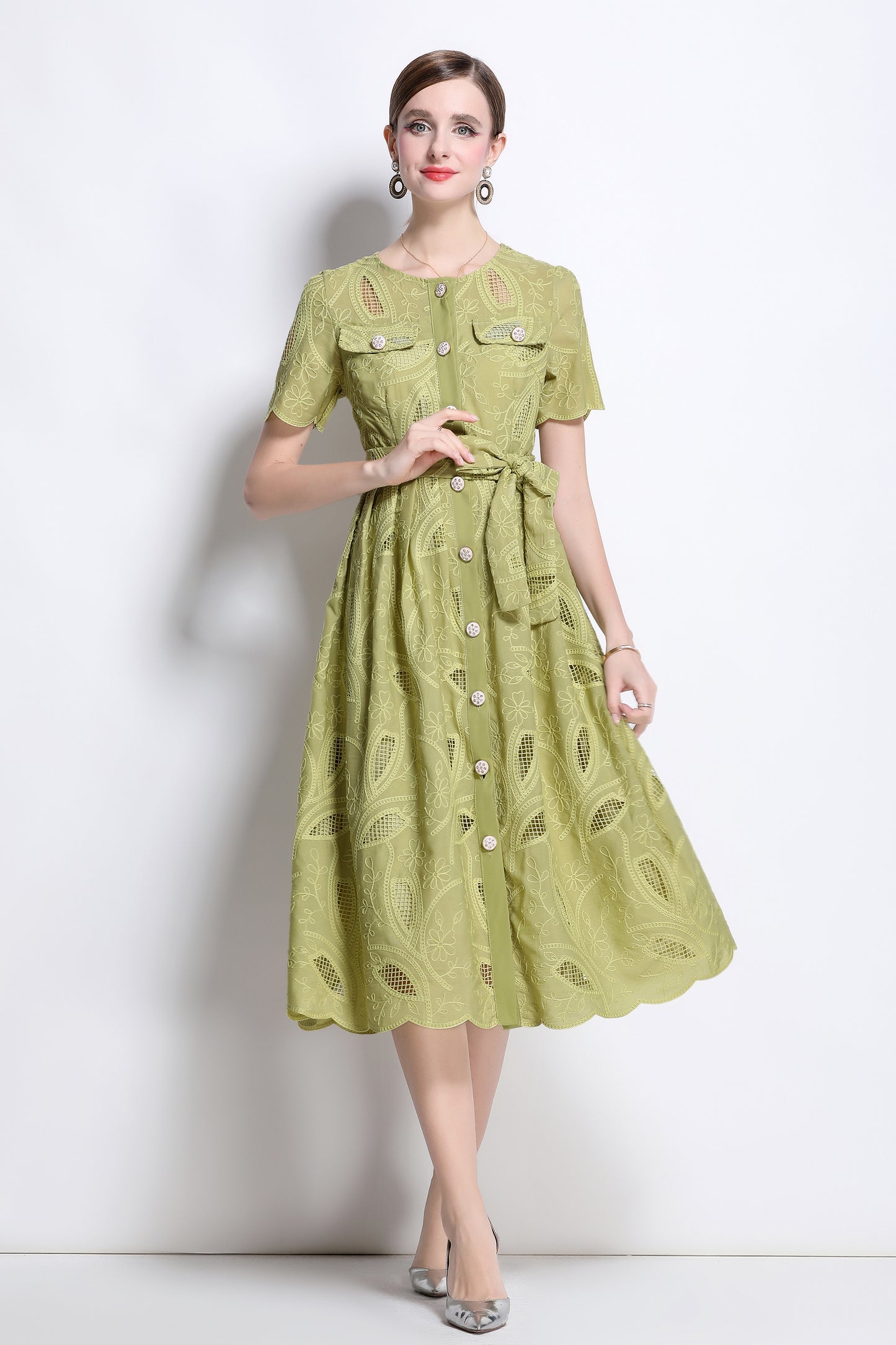 Women's Hollow Lace Short Sleeve Midi Dress