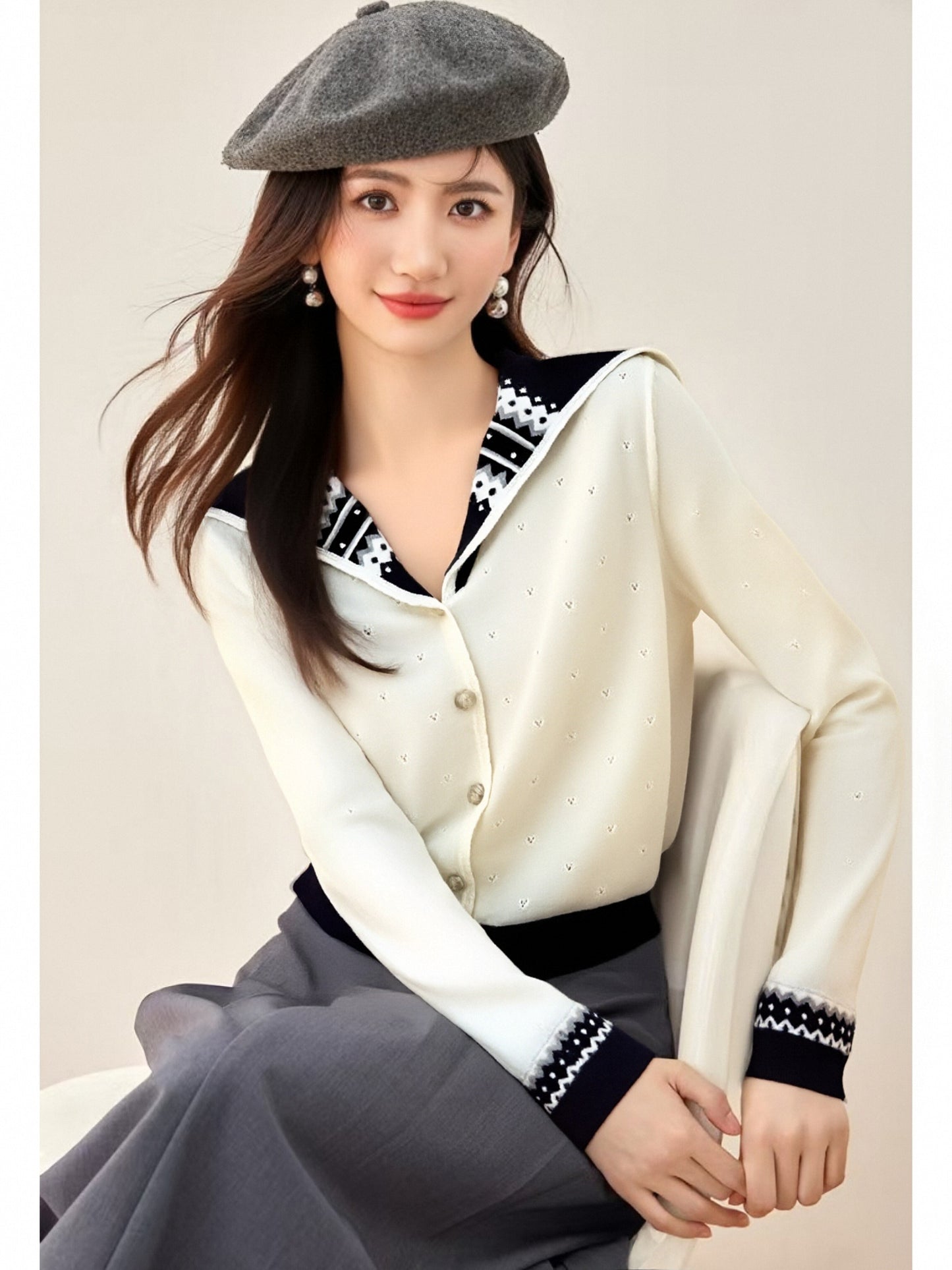 Women's Sailor Collar Long Sleeve Stripe Cardigan Sweater