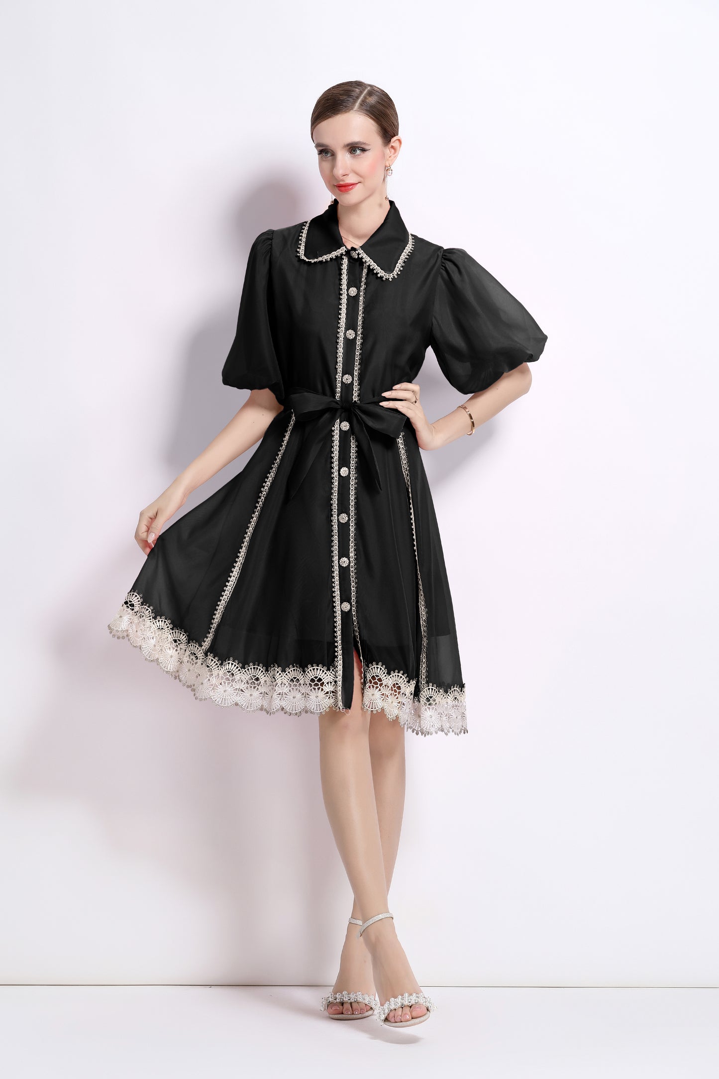 Black Lace Trim Organza Mini Dress - LAI MENG FIVE CATS