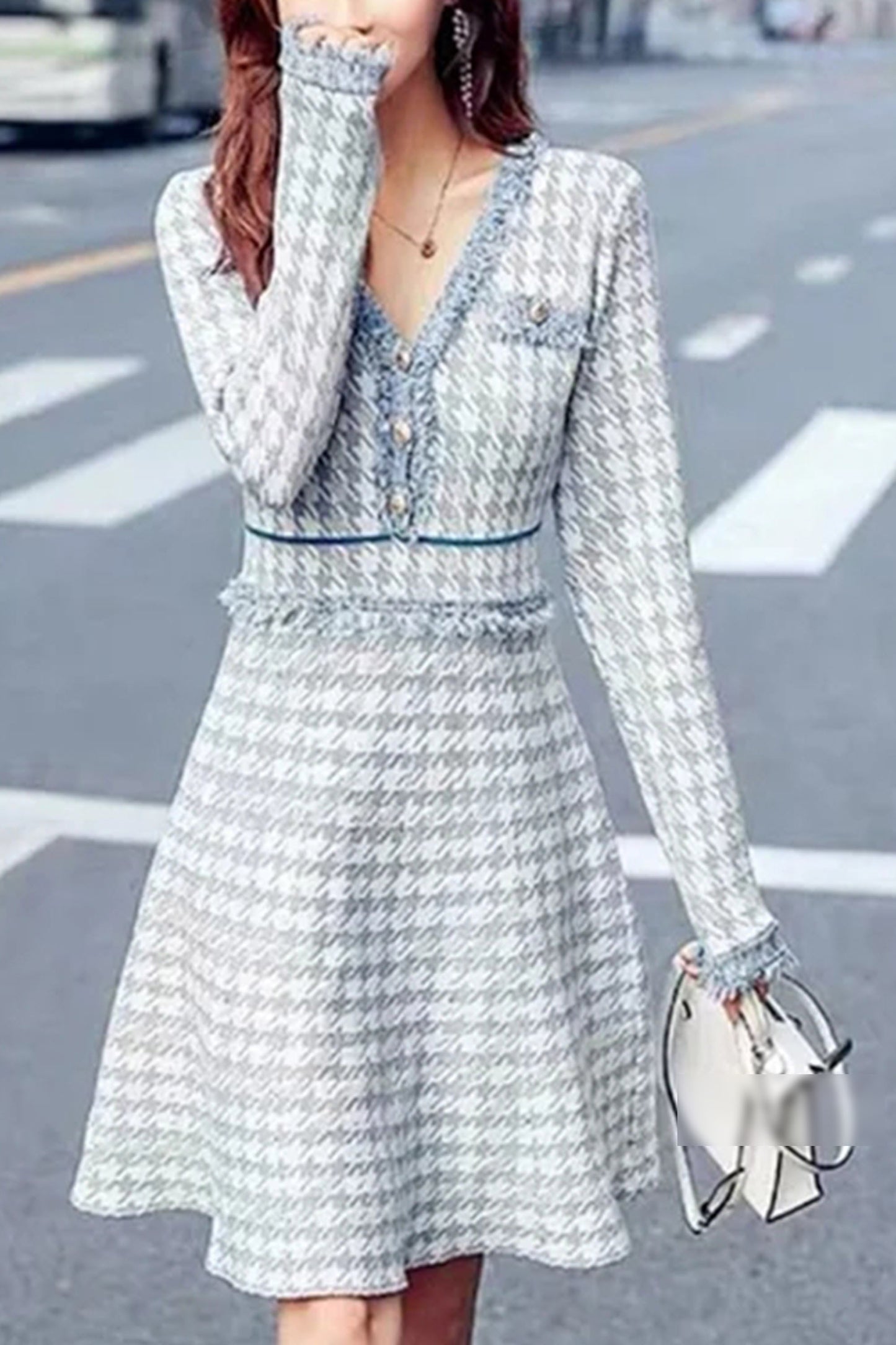 Knit V-neck Long Sleeve Button plaid Dress