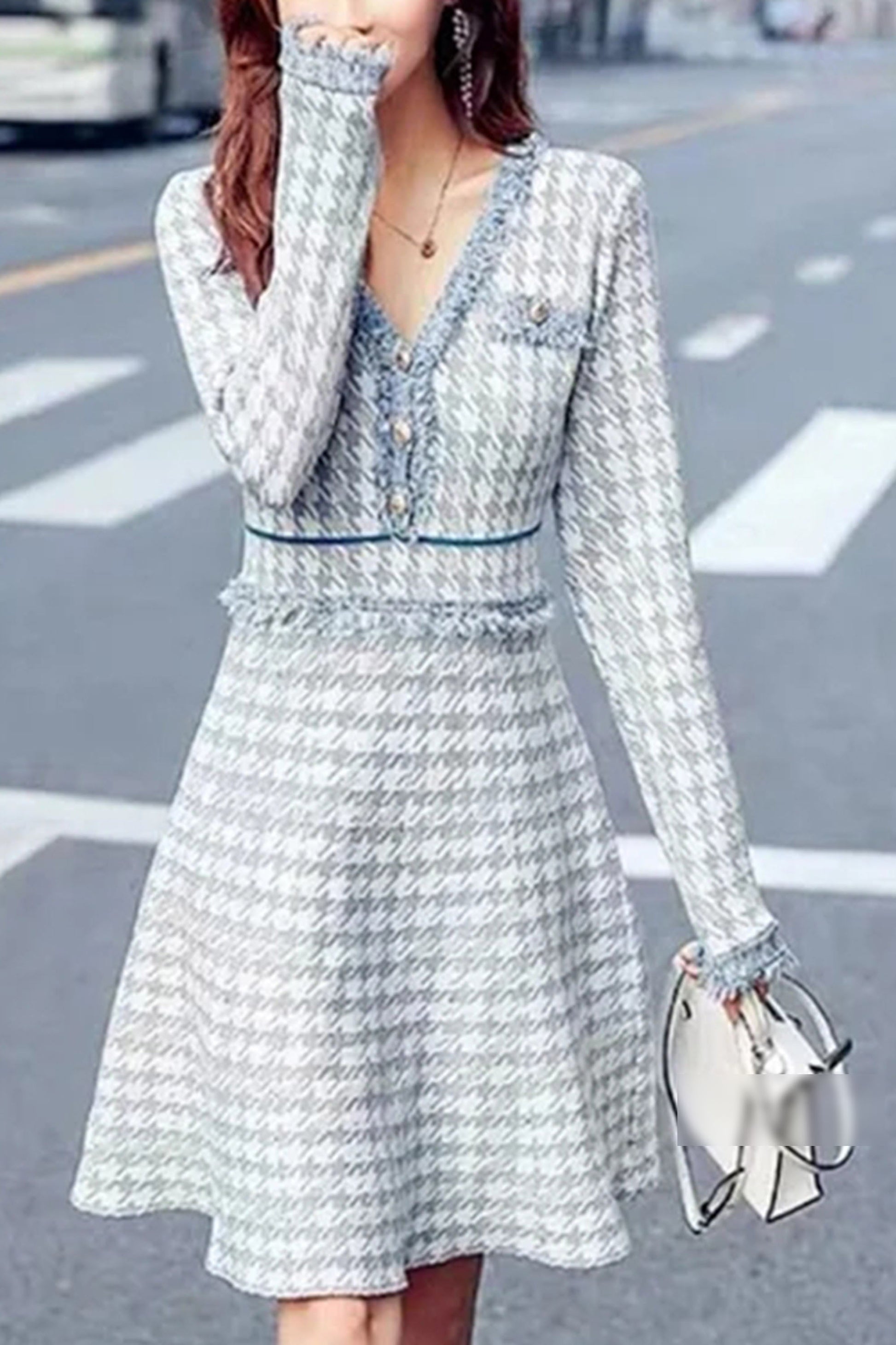 Knit V-neck Long Sleeve Button plaid Dress - LAI MENG FIVE CATS