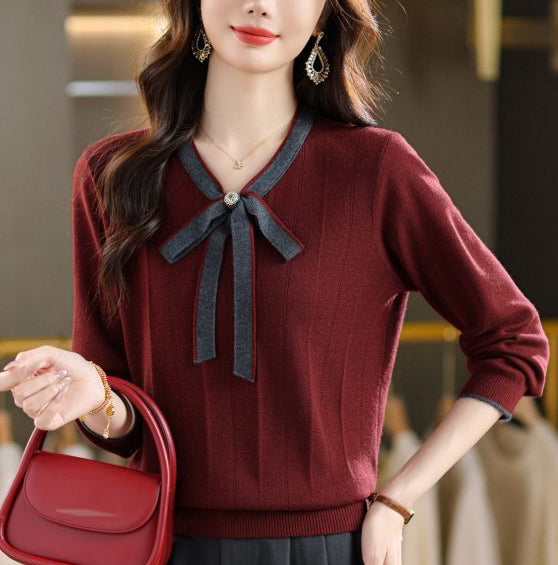 Vintage Bow Collar Knit Sweater Long Sleeve Pullover Top