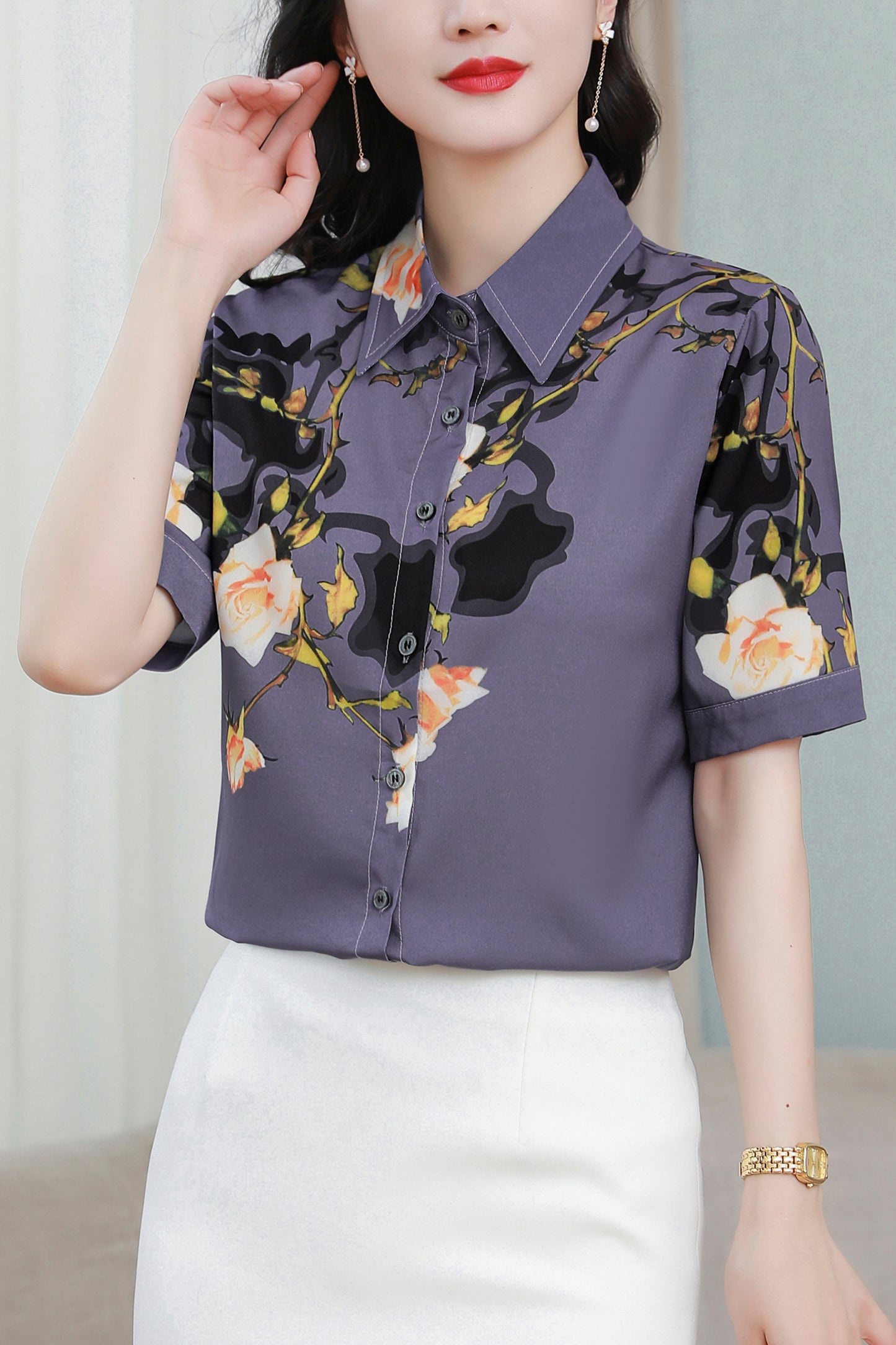 Women's Collared Floral Print Blouse Short Sleeve Tops