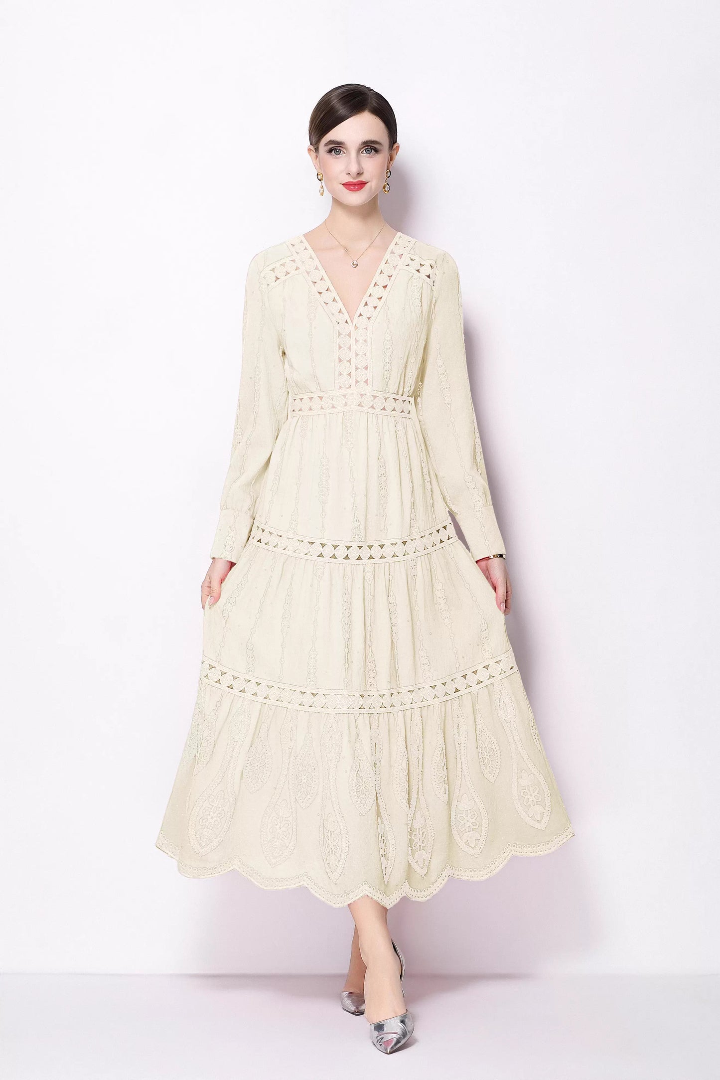 Women's V Neck Long Sleeve Hollowed Lace Linen Dress - LAI MENG FIVE CATS