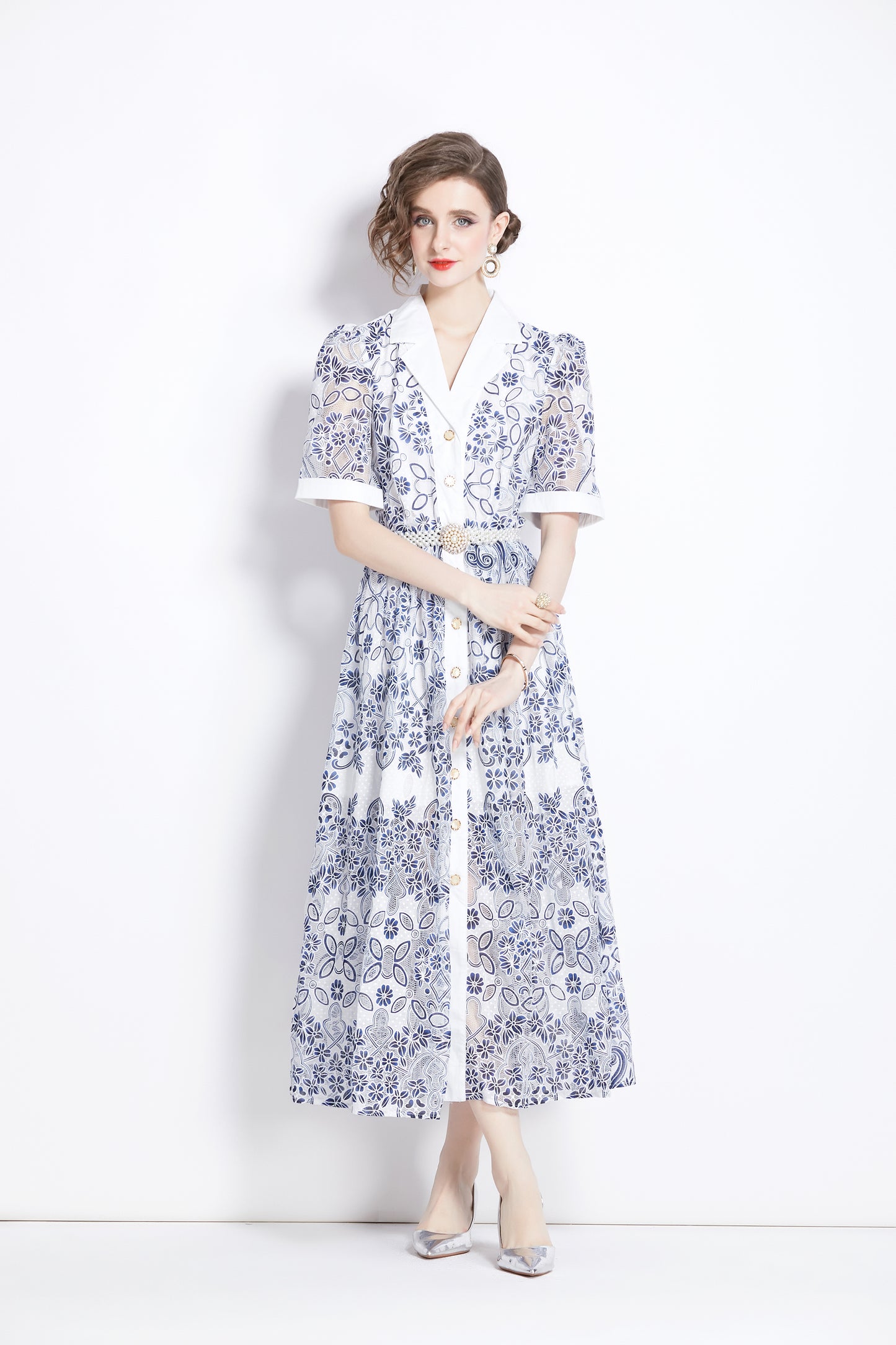 Women's Mesh Embroidery V-Neck Lace Maxi Dress