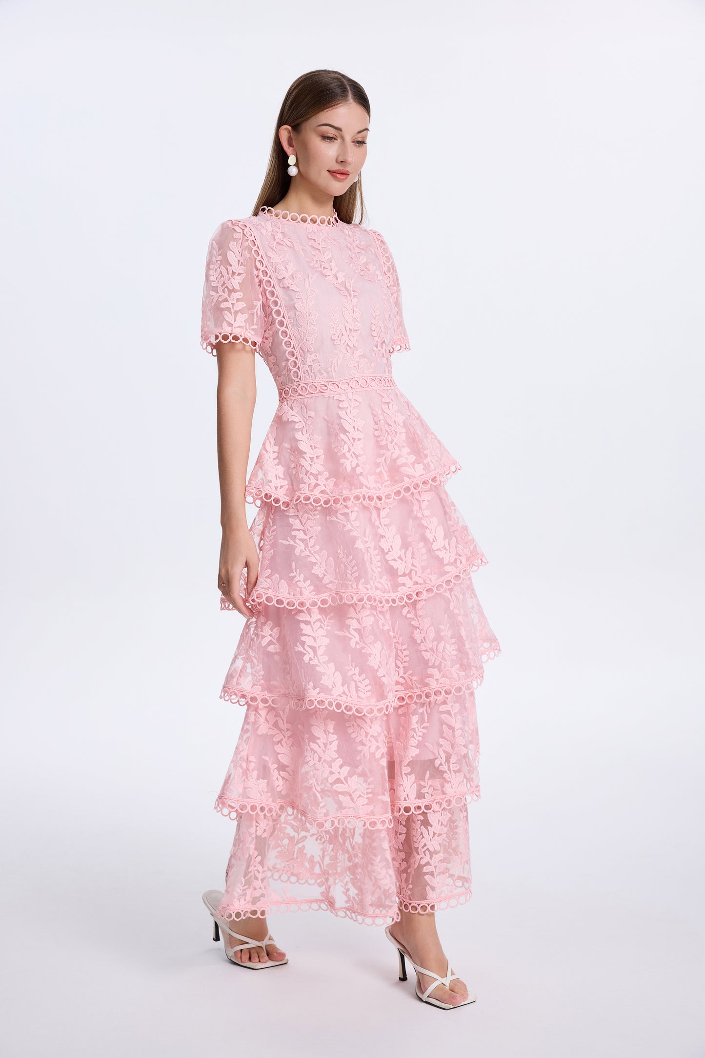 Embroidered Mesh Short Sleeve Tiered Layed Maxi Dress