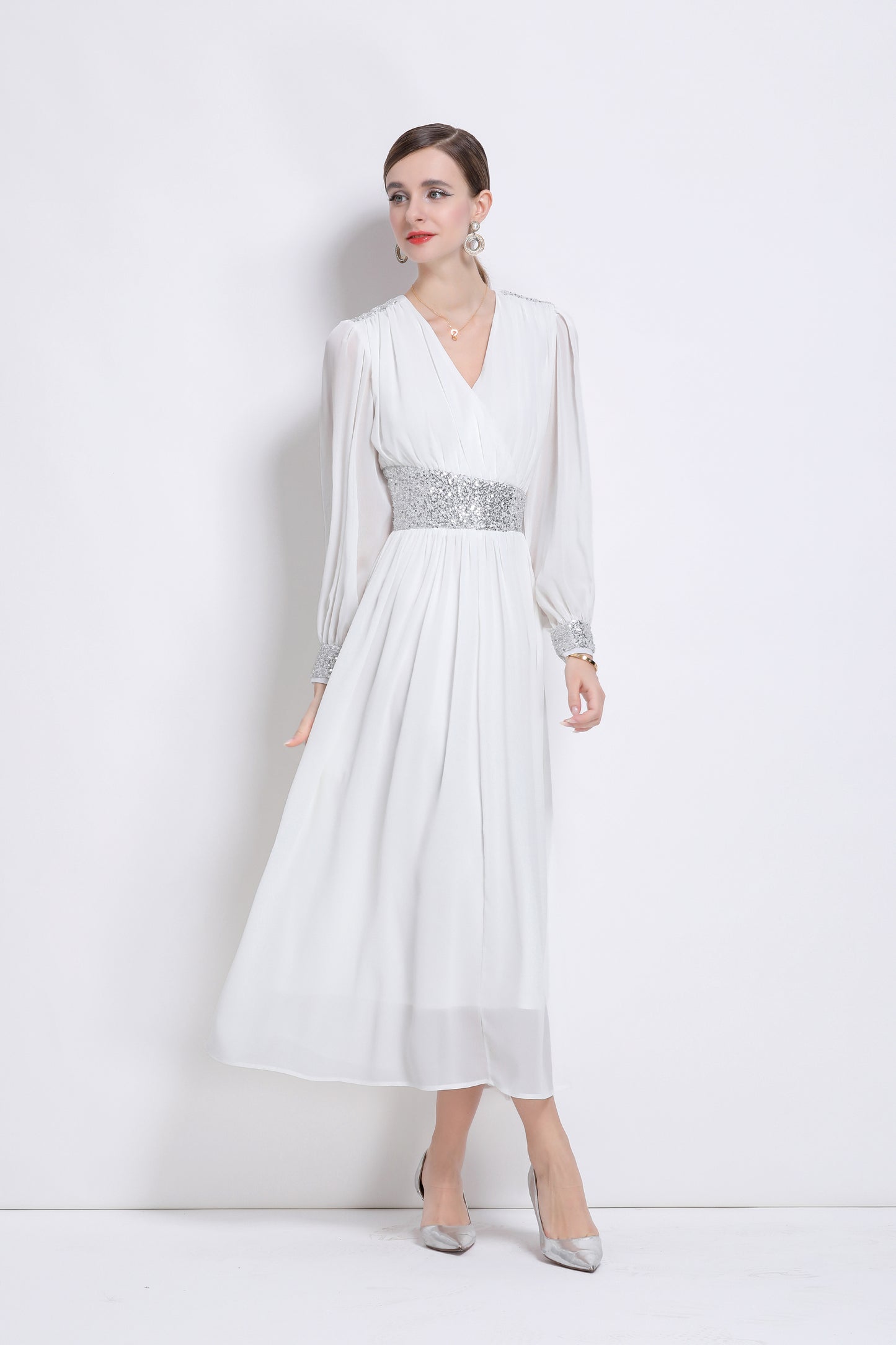 Women's Sequin V-Neck Chiffon Mixi Dresses