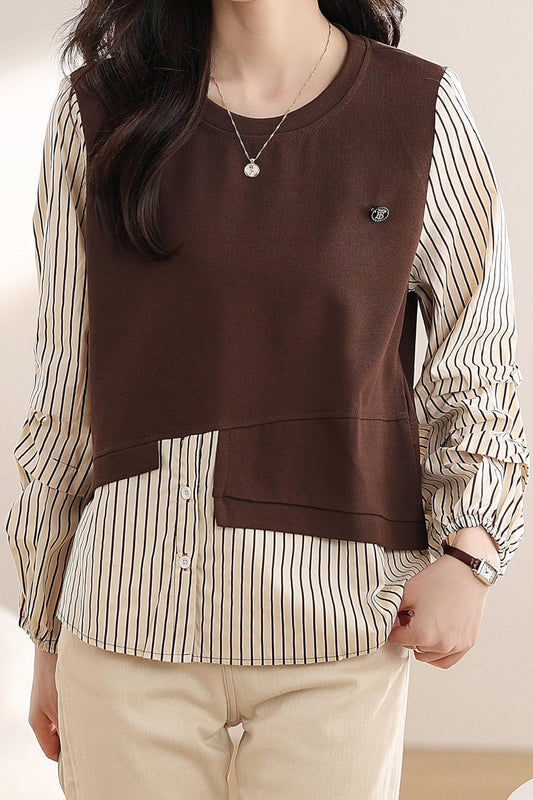 Patchwork Knit Round Neck Pullover Tops - LAI MENG FIVE CATS