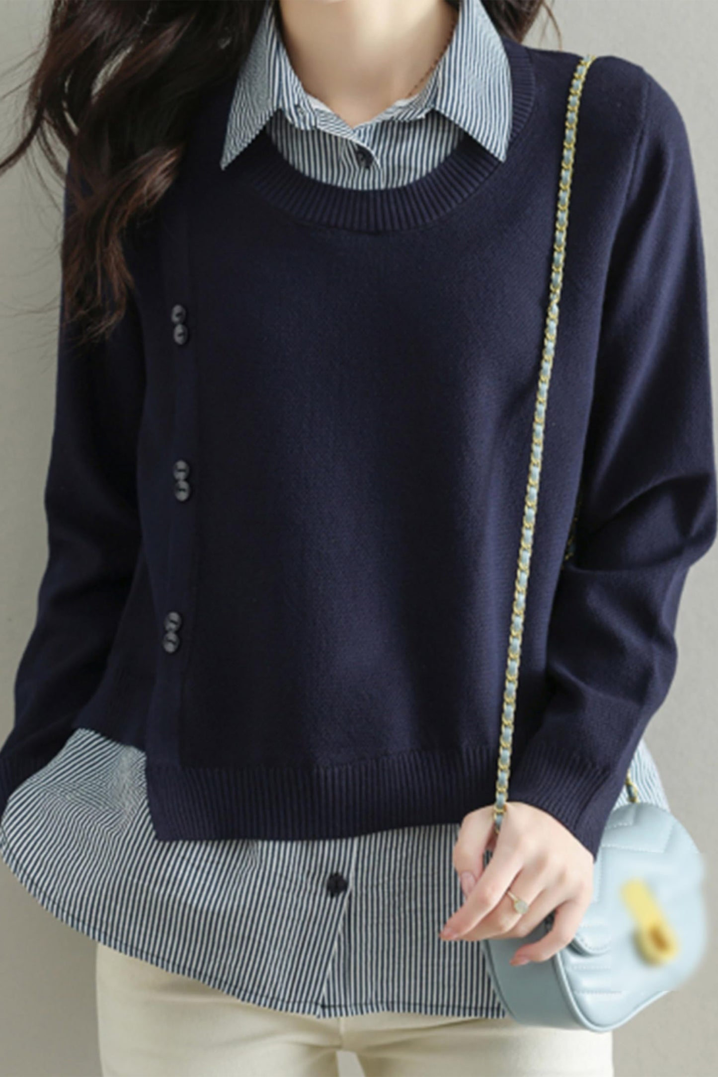 Womens Knit Long Sleeve Patchwork Blouse Tops - LAI MENG FIVE CATS