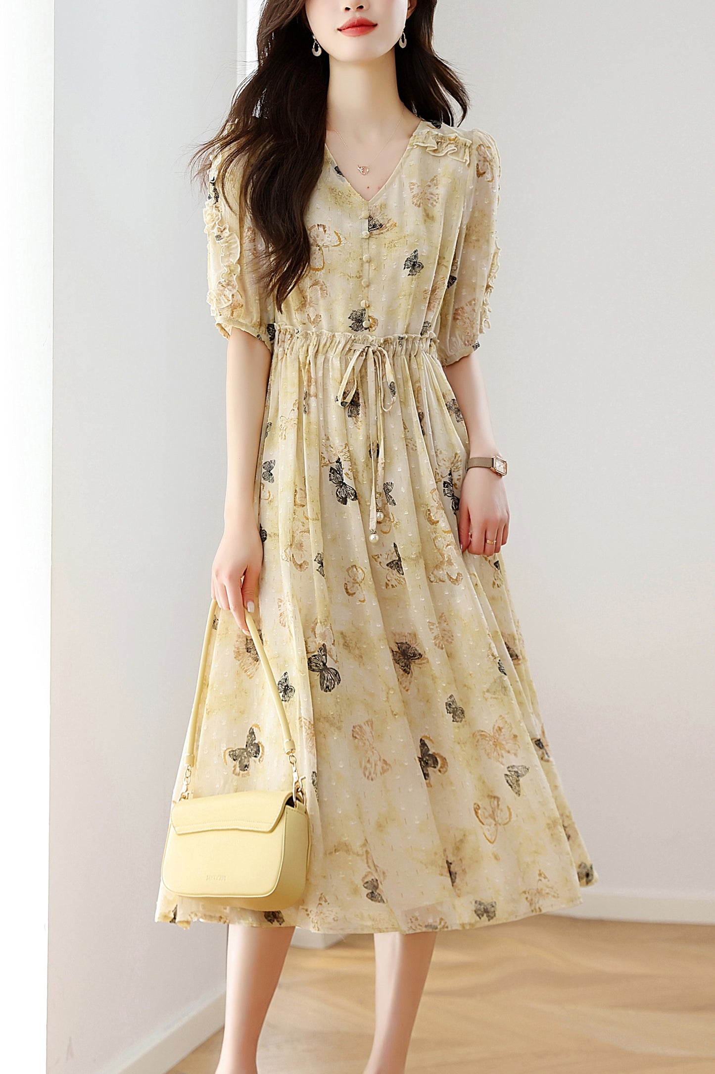 Women's Chffion V-Neck Floral Print Midi Dress