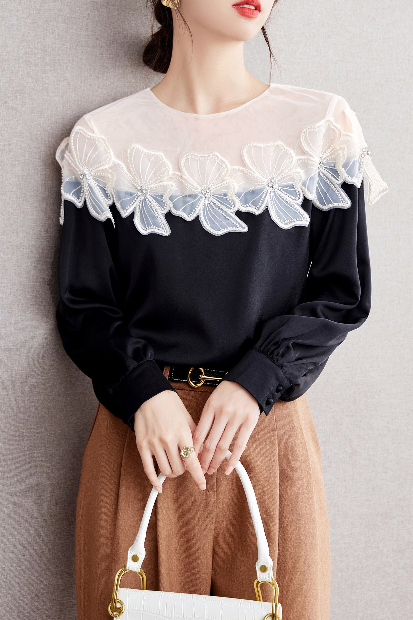 Patchwork Tunic Shirt Print Round Neck Blouse - LAI MENG FIVE CATS