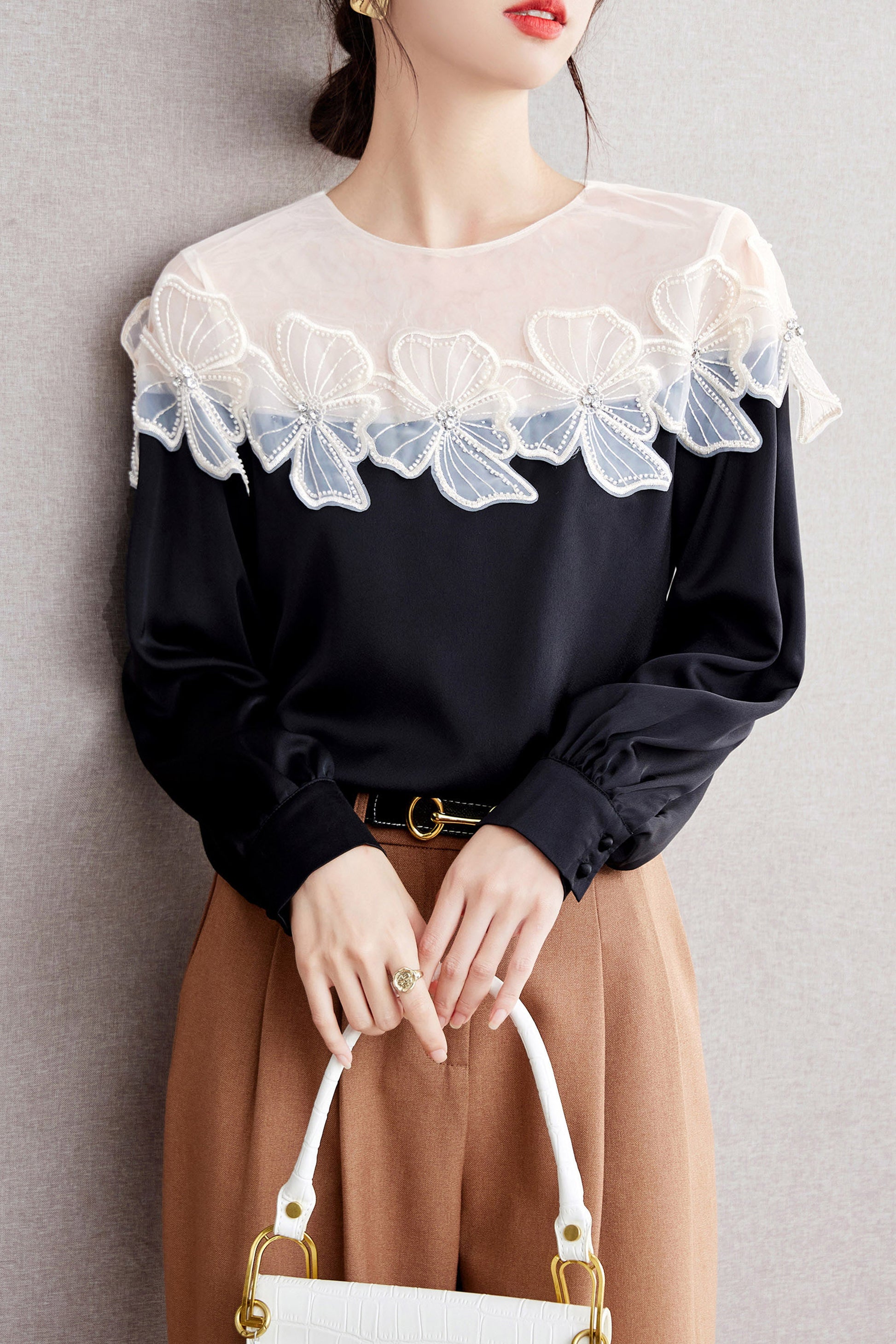 Patchwork Tunic Shirt Print Round Neck Blouse - LAI MENG FIVE CATS