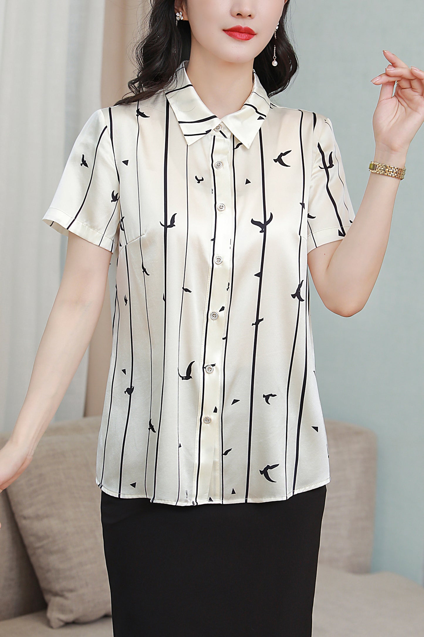 Women's Stain Floral Print Blouse Short Sleeve Tops