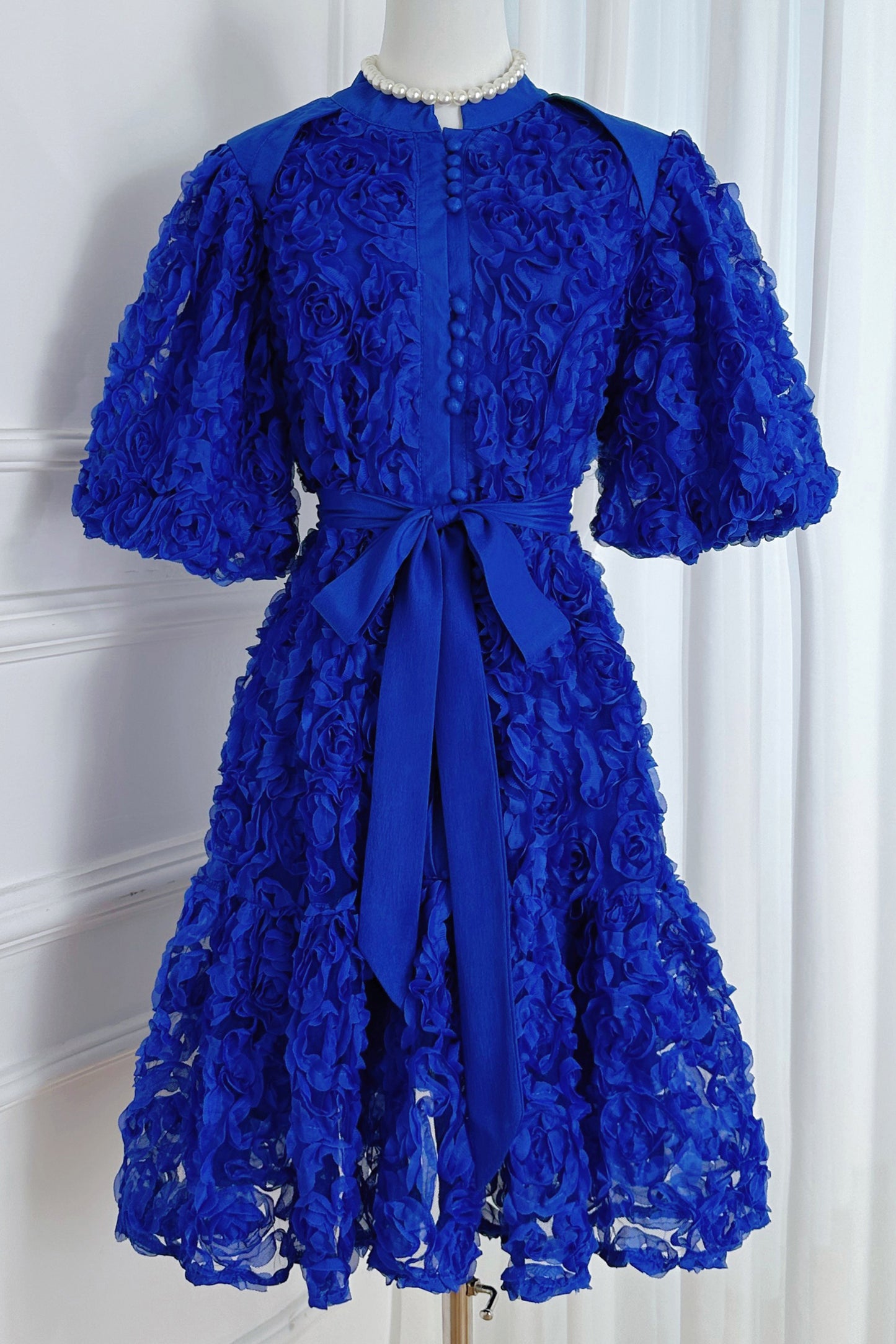 Women 3D Floral Puff Sleeve Ruffle Mini Dress