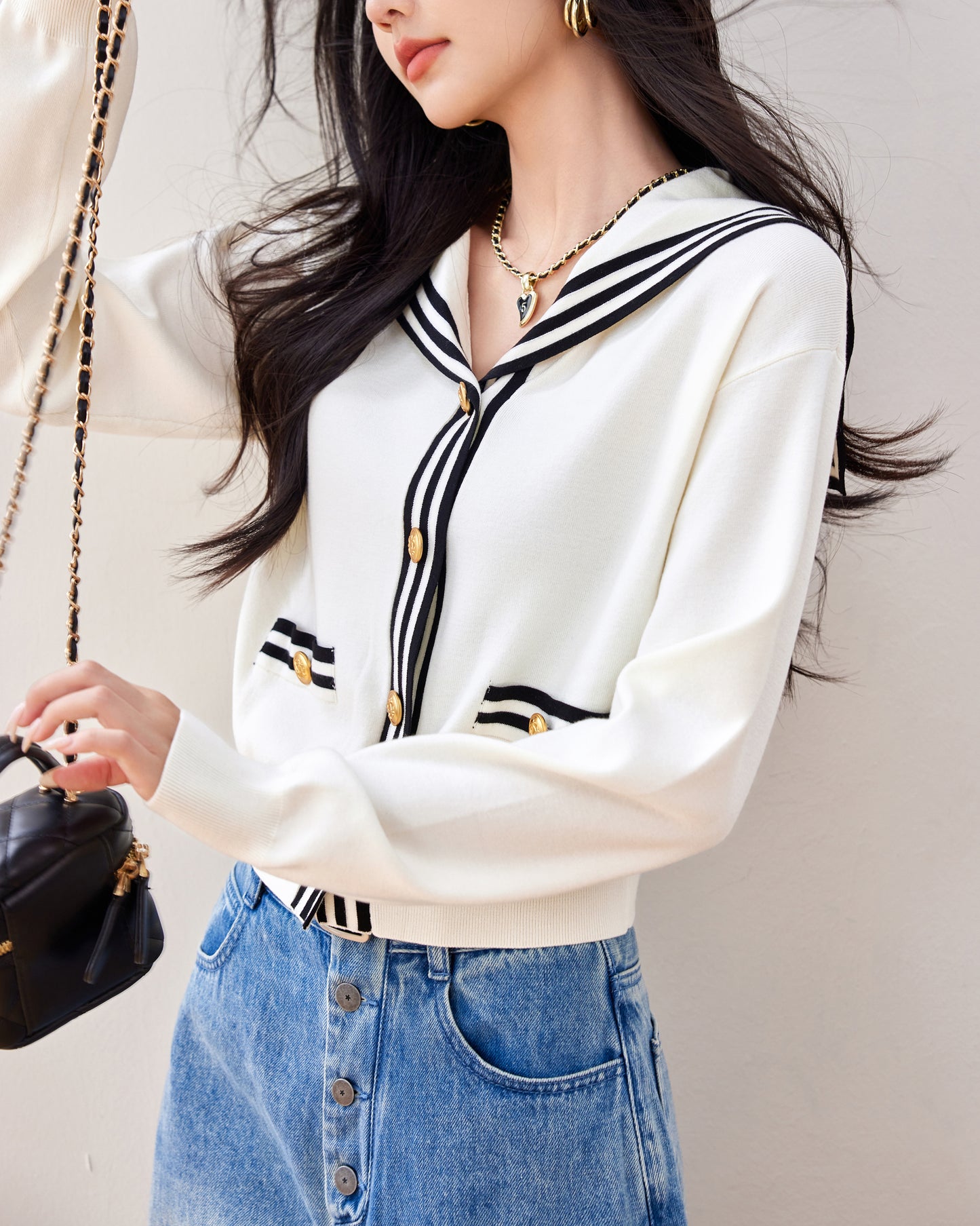 Women's Sailor Collar V-Neck Stripe Button Knit Top