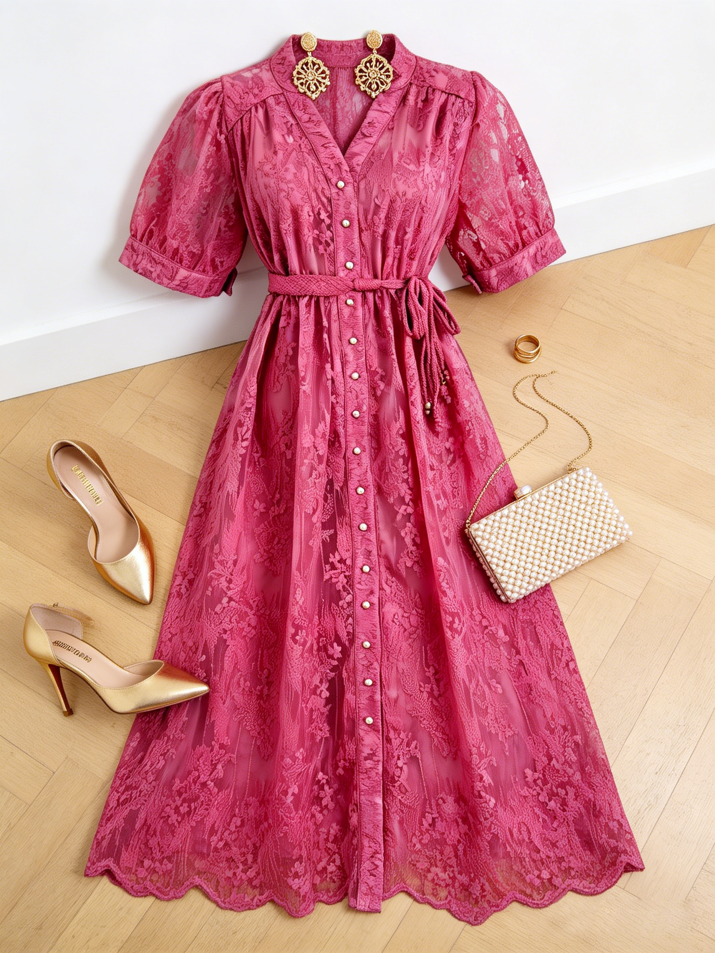 Hot Pink Embroidered Mesh Puff Sleeve Midi Dress - LAI MENG FIVE CATS