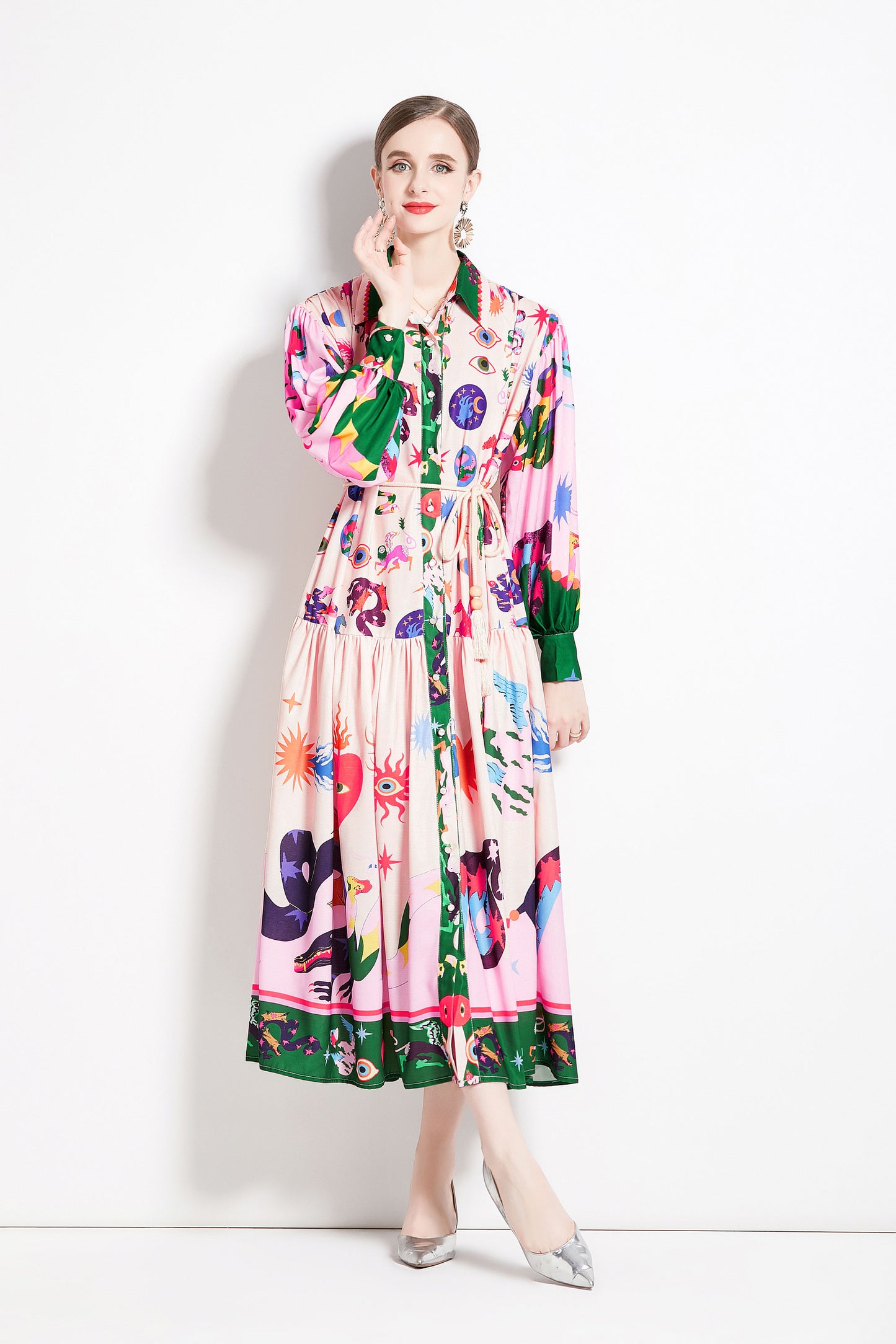 BK-Floral Print Casual Button Maxi Dress - LAI MENG FIVE CATS