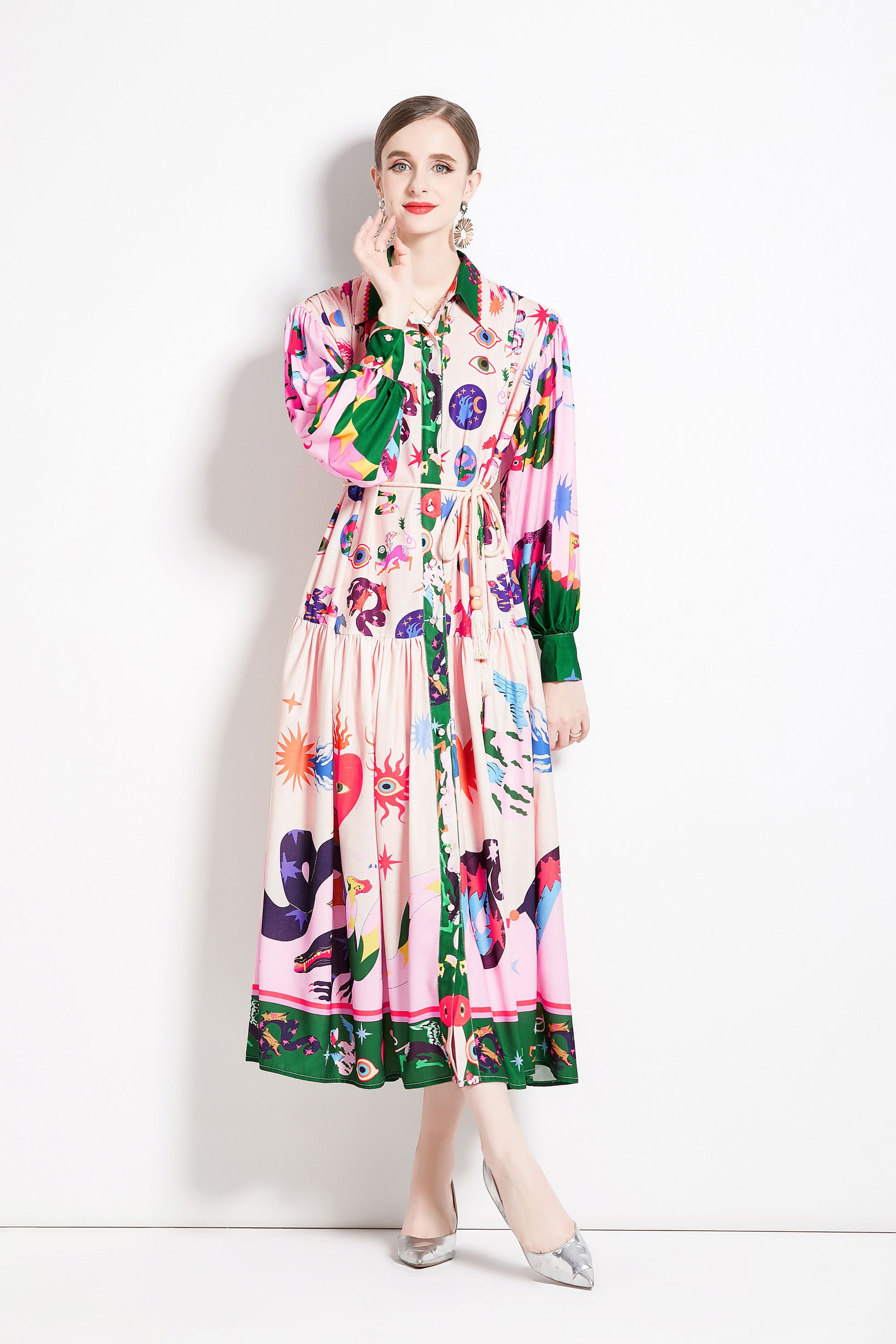 BK-Floral Print Casual Button Maxi Dress - LAI MENG FIVE CATS