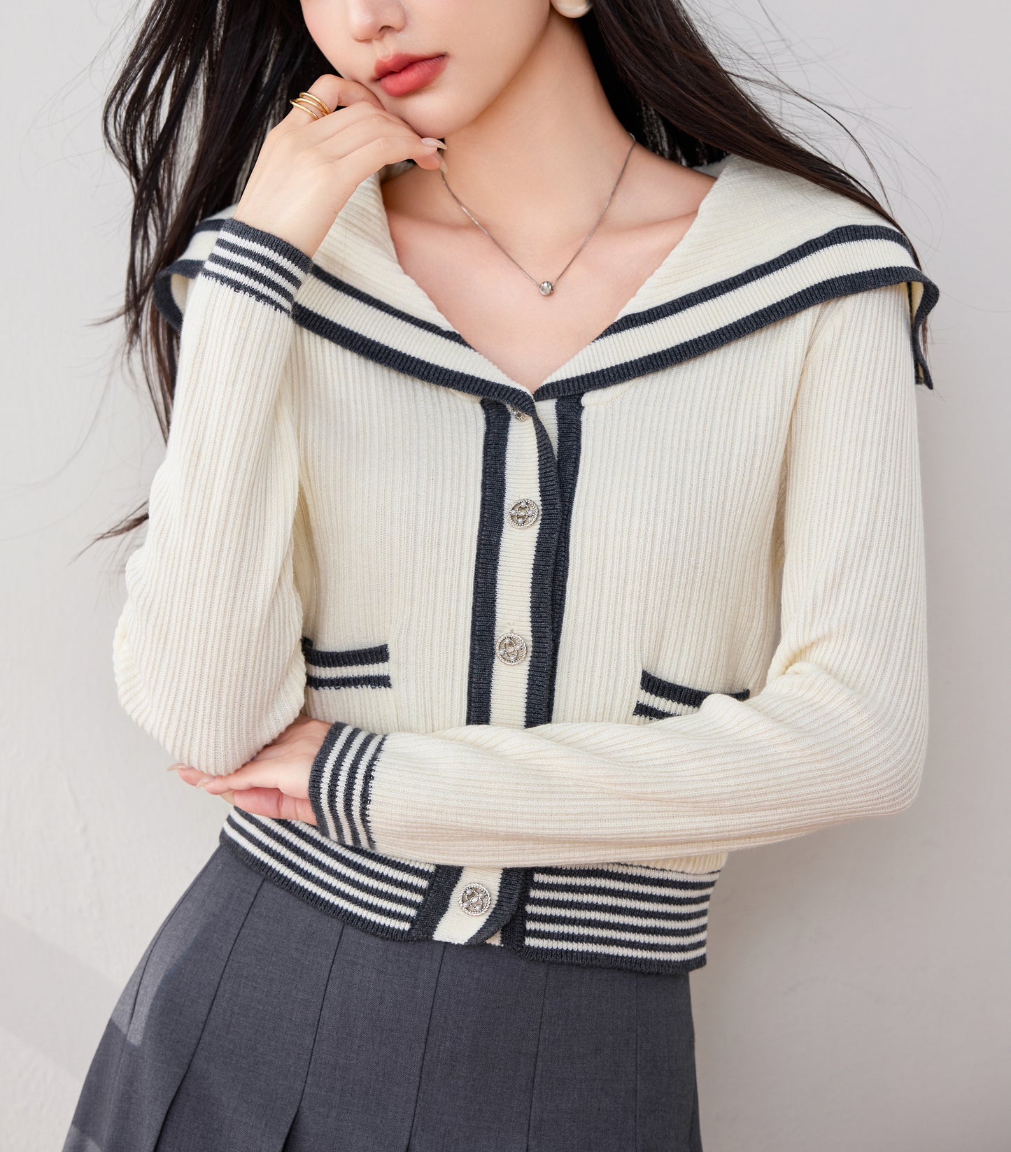 Women's Sailor Collar V-Neck Stripe Button Knit Top