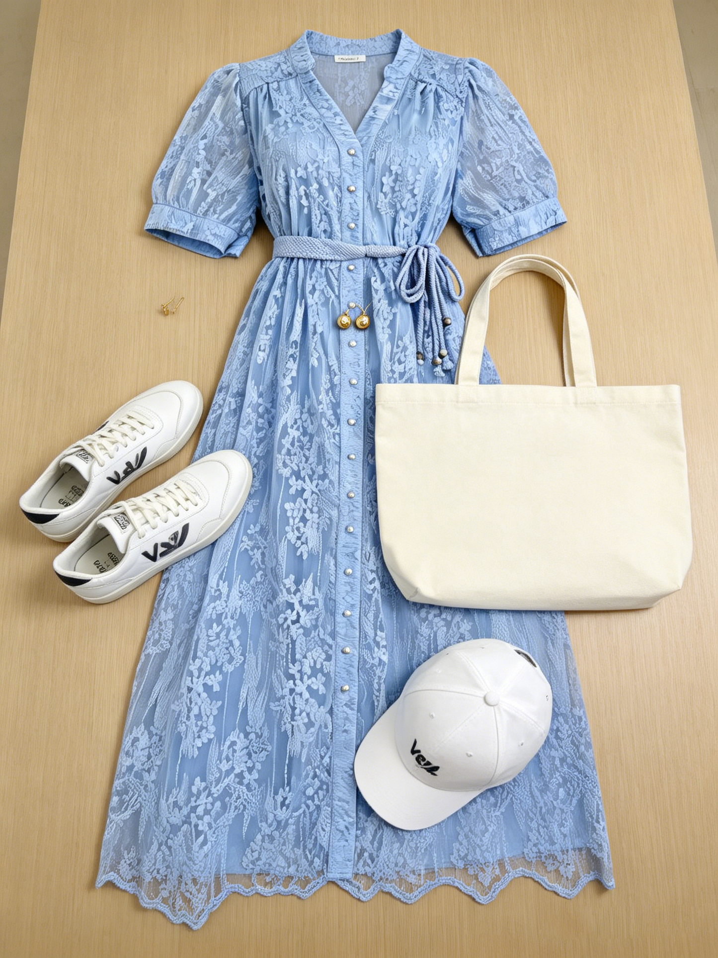Blue Embroidered Mesh Puff Sleeve Summer Midi Dress - LAI MENG FIVE CATS