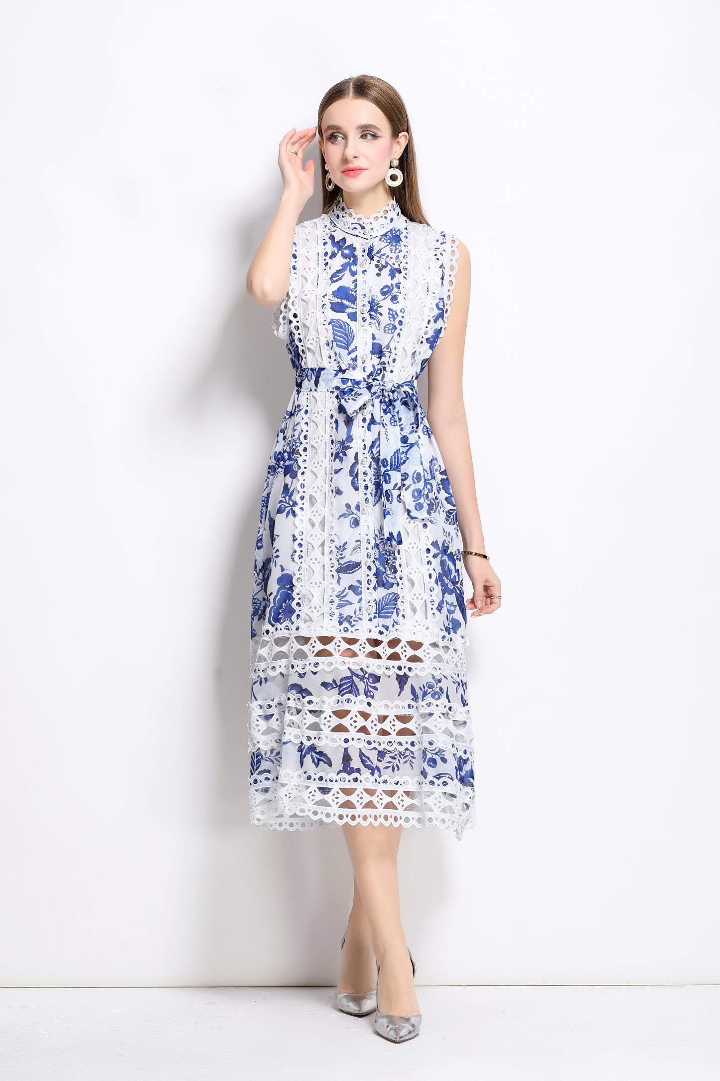 Women's Sleeveless Hollow Out Lace Midi Dress