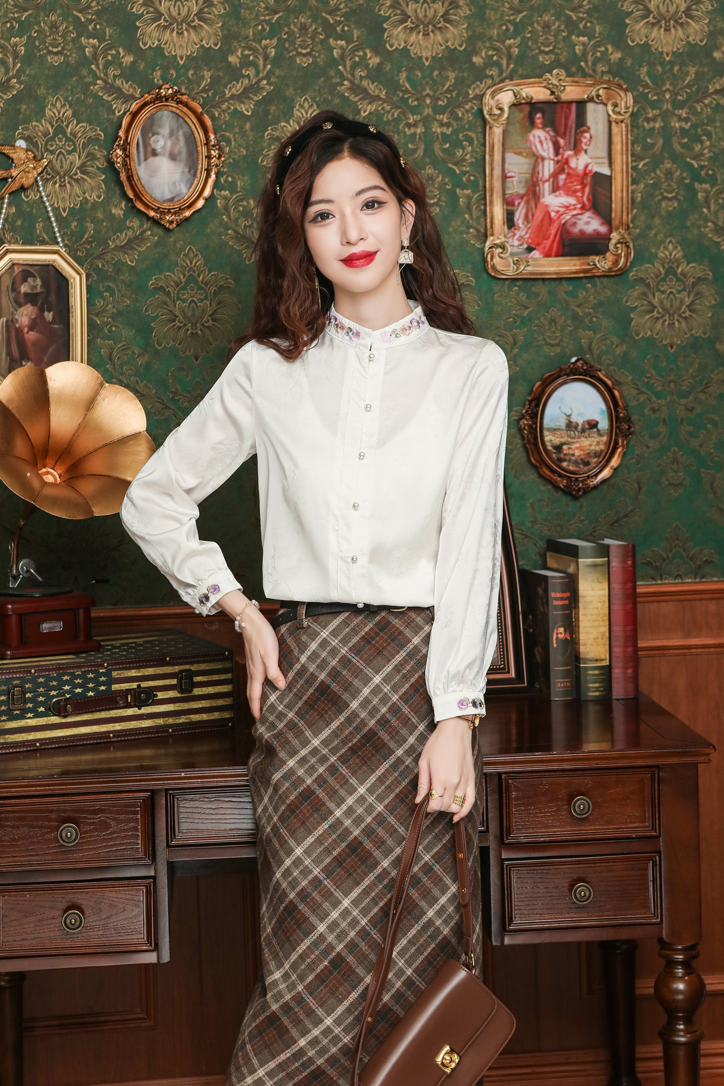 Women's Silk Satin Embroidery Jacquard Blouse Top