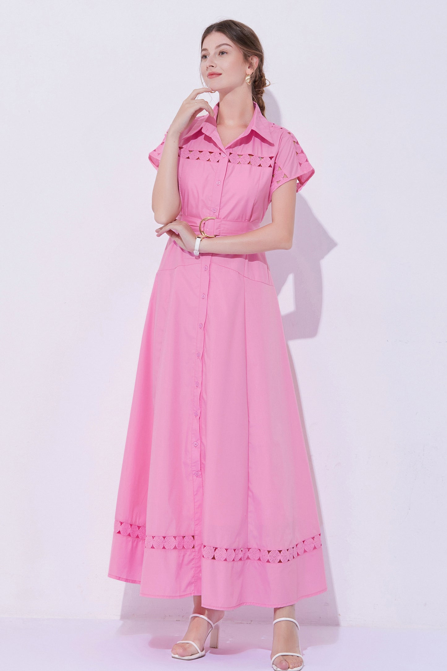 Women's Collar Hollow Cap Sleeve Maxi Dress