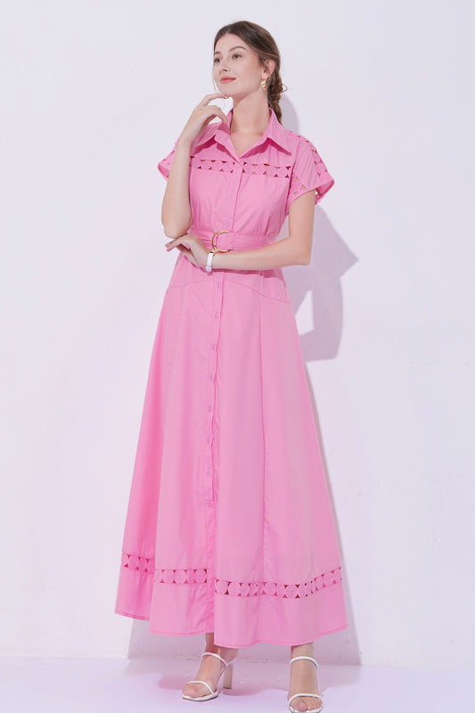 Women's Collar Hollow Cap Sleeve Maxi Dress