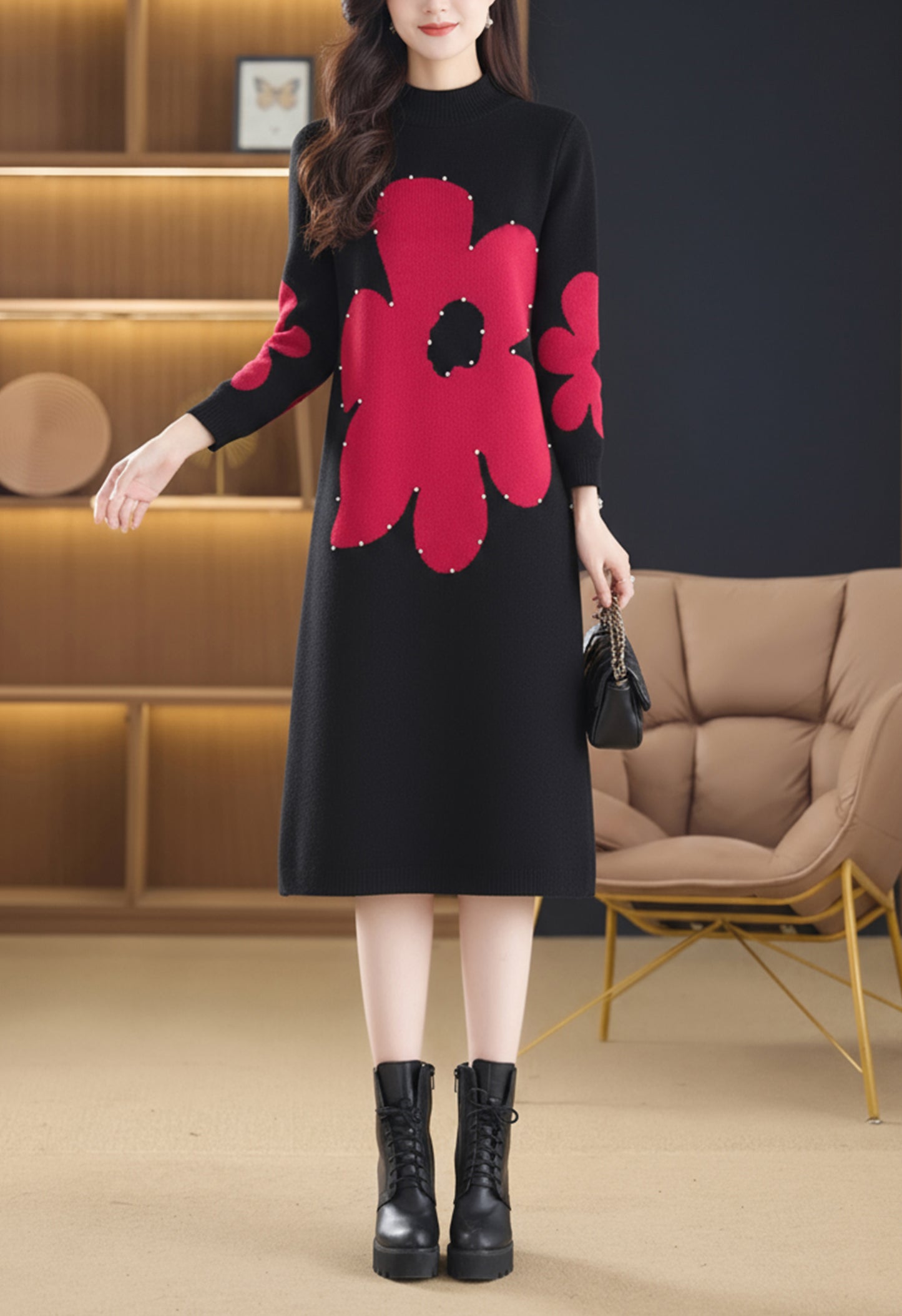 Women's Fashion Print Knit Pullover Sweater Midi Dress