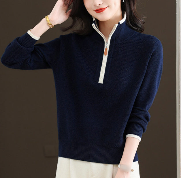 Contrast Collar Half-Zip Knit Sweater – Chic Colorblock Ribbed Pullover