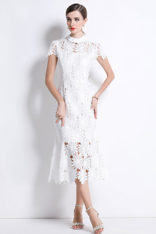 Women Hollow Out Lace Floral Fishtail Midi Dress