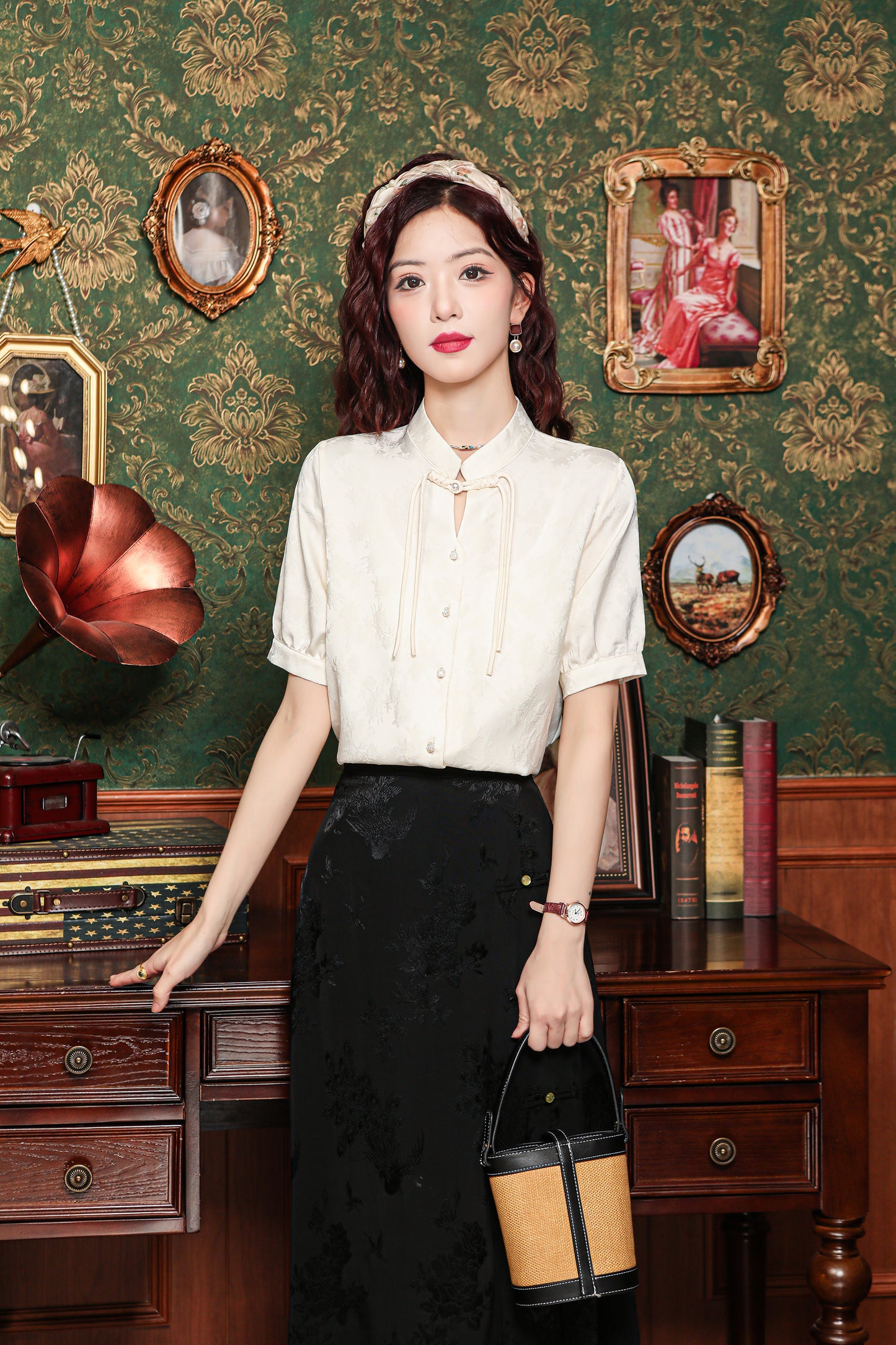 Women's Silk Satin Embroidery Jacquard Blouse Tops