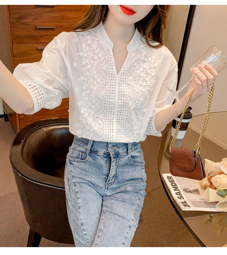 Women's V Neck Lace Tops 1/2 Sleeve Blouse - LAI MENG FIVE CATS