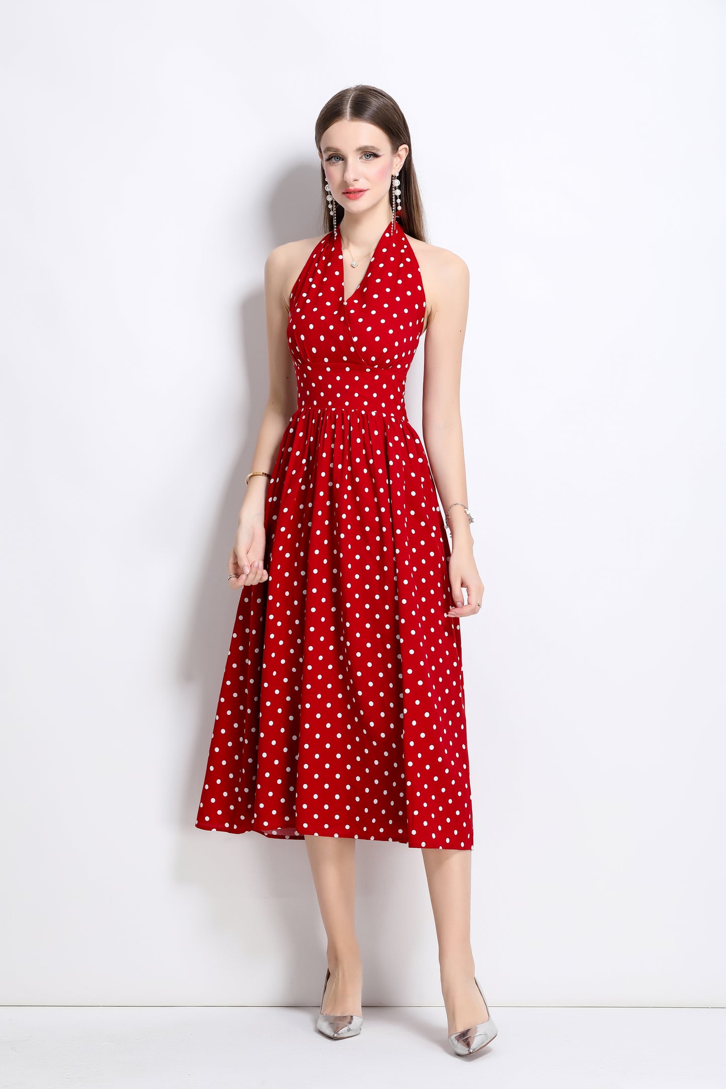Women's Polka Dot Halter V Neck Backless Midi Dress