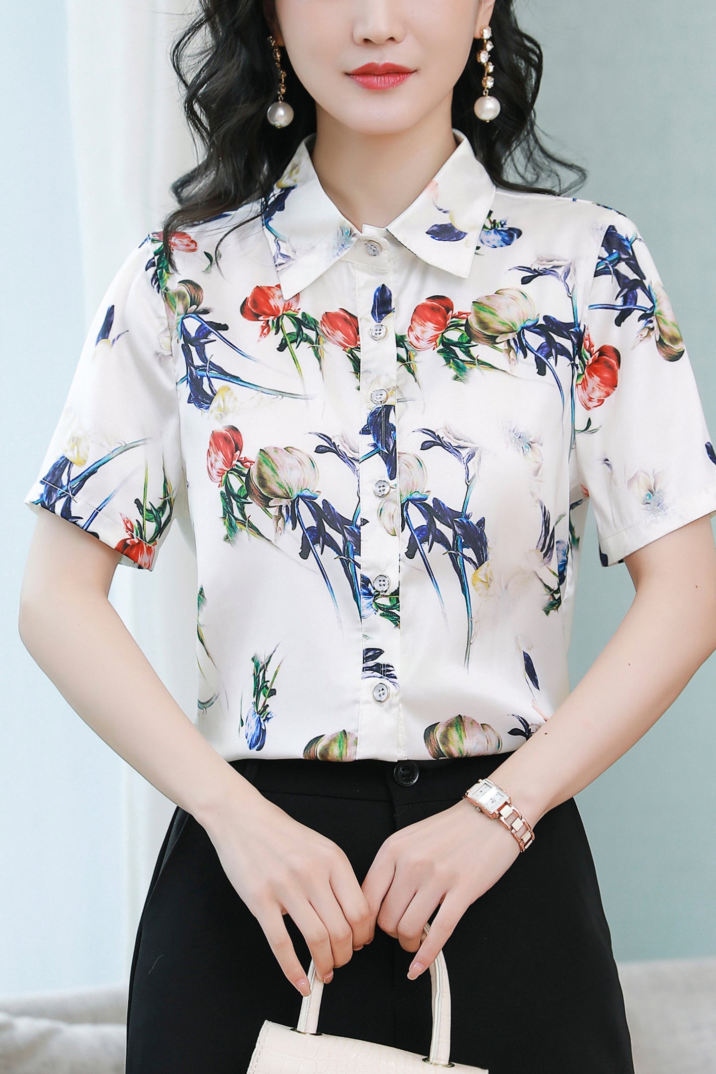 Women's Stain Floral Print Blouse Short Sleeve Tops
