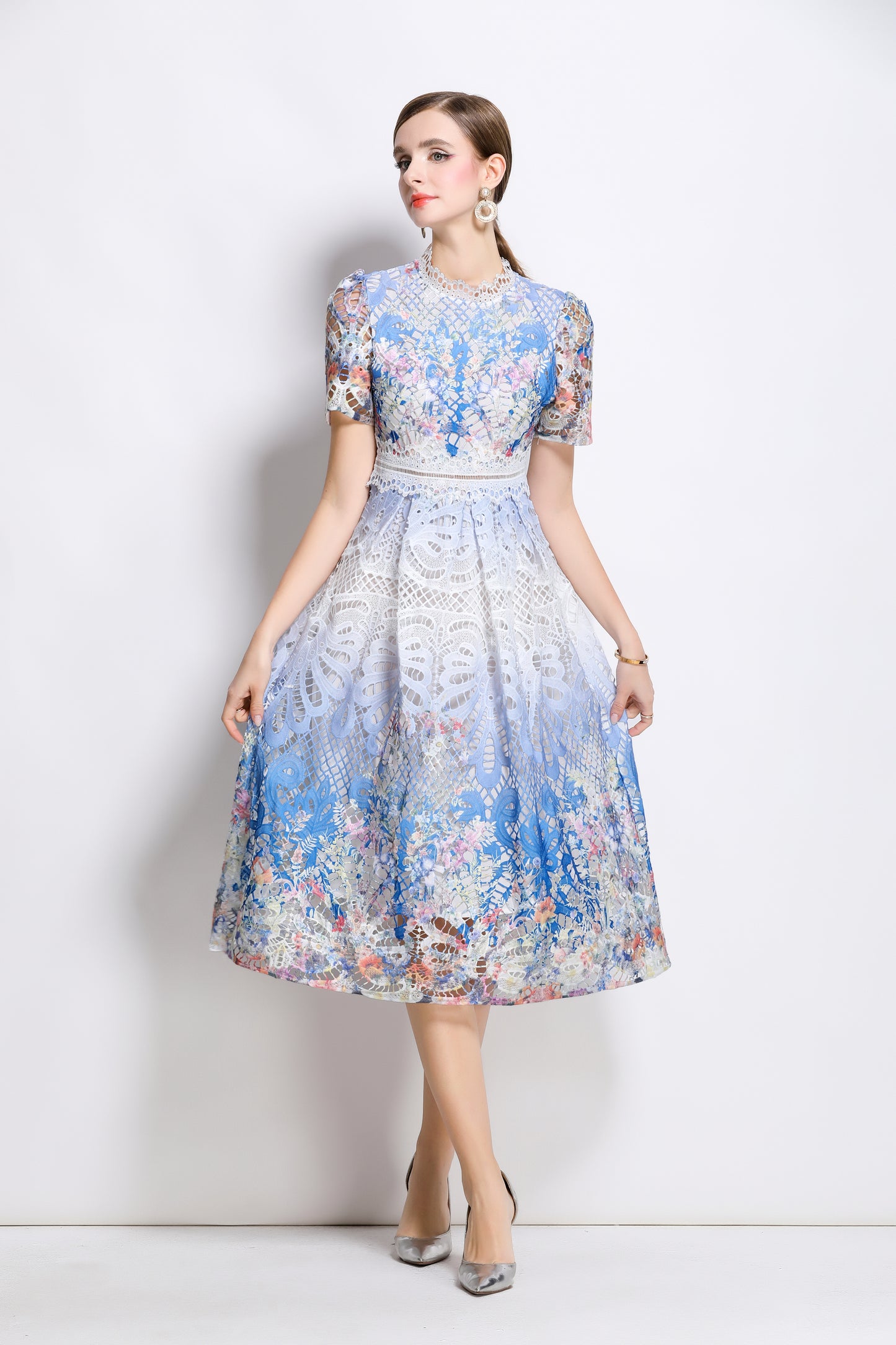 Women's Lace Floral Short Sleeve Midi Dress