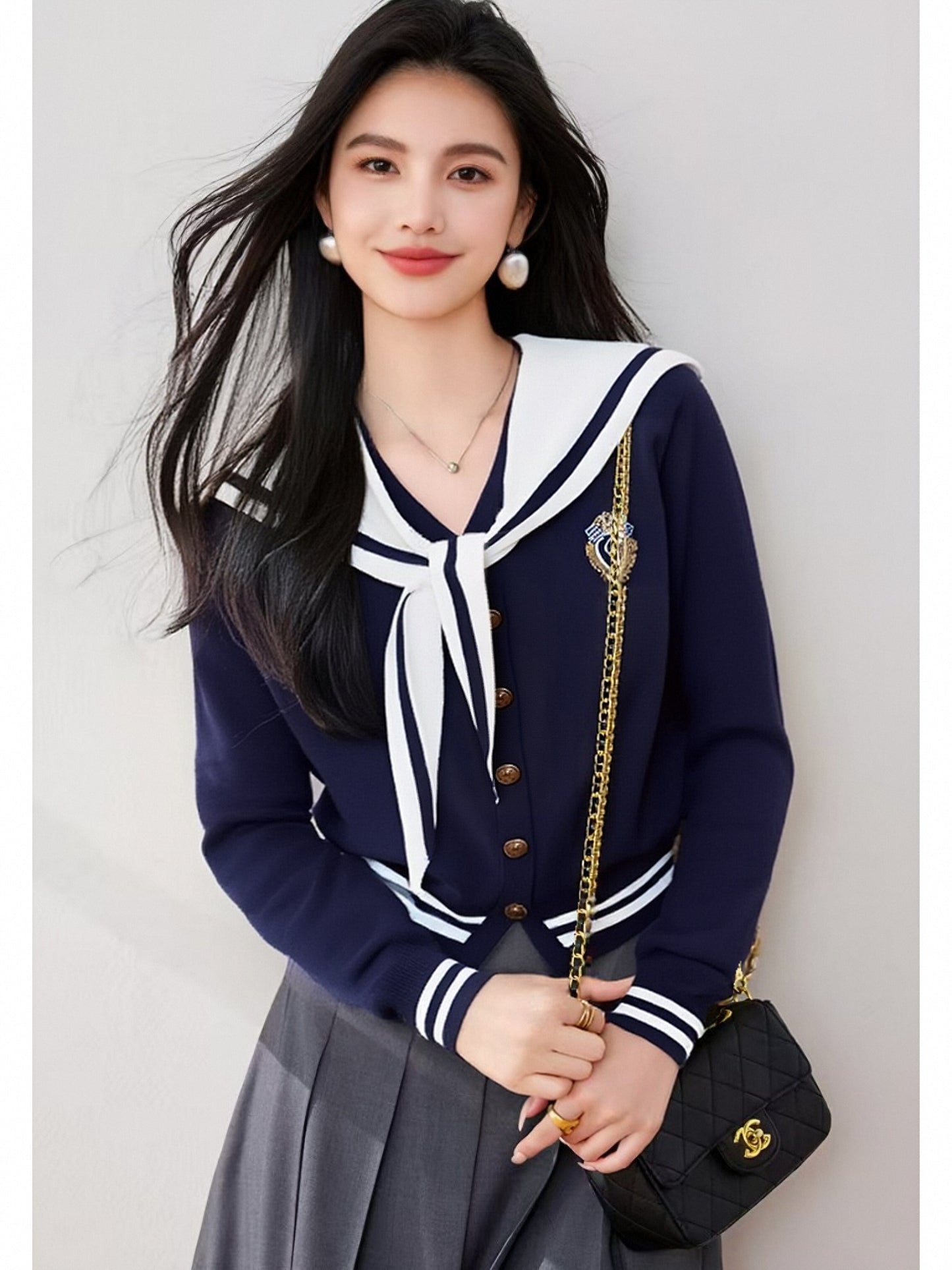 Women's Sailor Collar Long Sleeve Stripe Cardigan Sweater