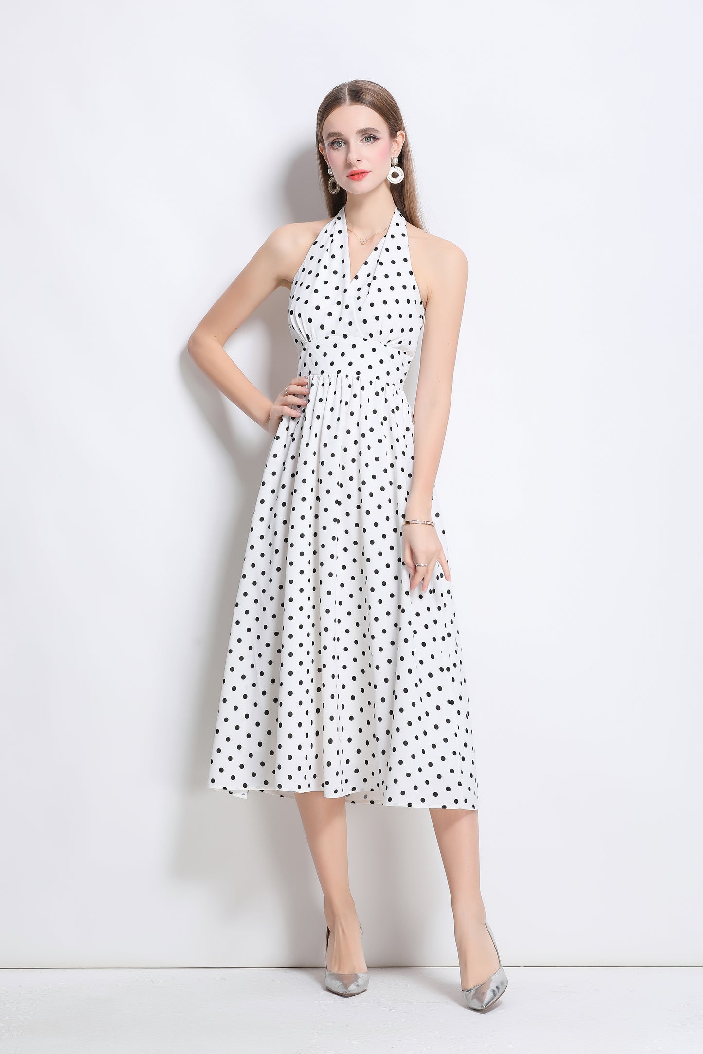 Women's Polka Dot Halter V Neck Backless Midi Dress
