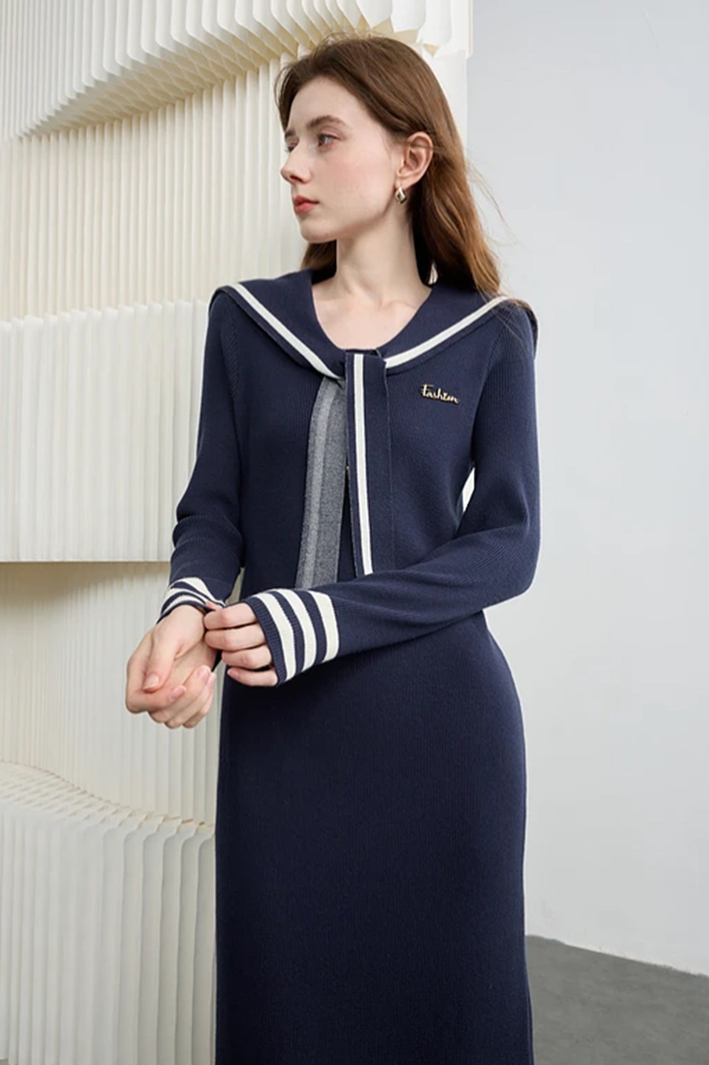 Women's V-Neck Sailor Stripe Sweater Knit Midi Dress