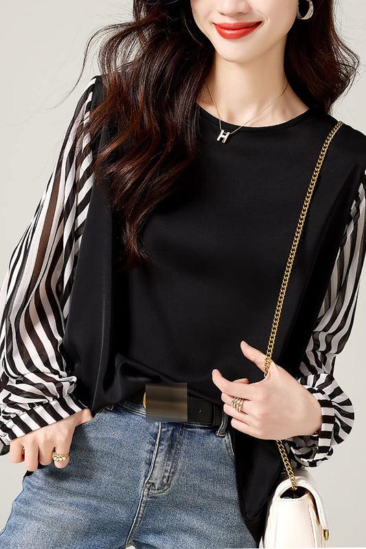 Patchwork Long Sleeve Stripe Pullover Tops - LAI MENG FIVE CATS