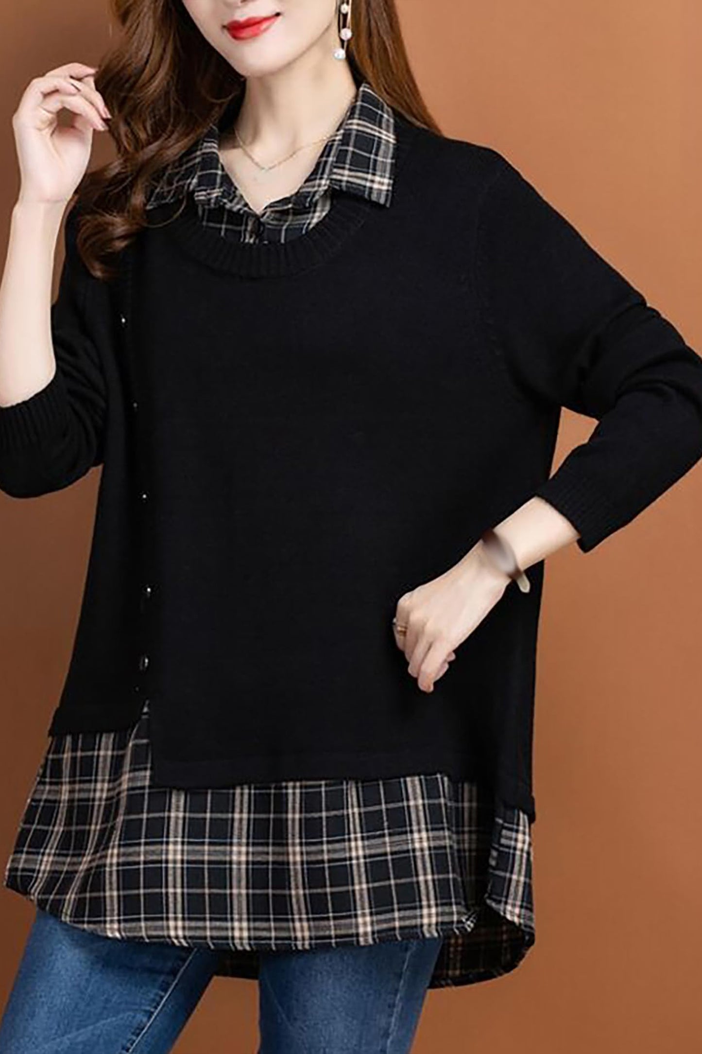 Knit Collar Patchwork Blouse Tops - LAI MENG FIVE CATS