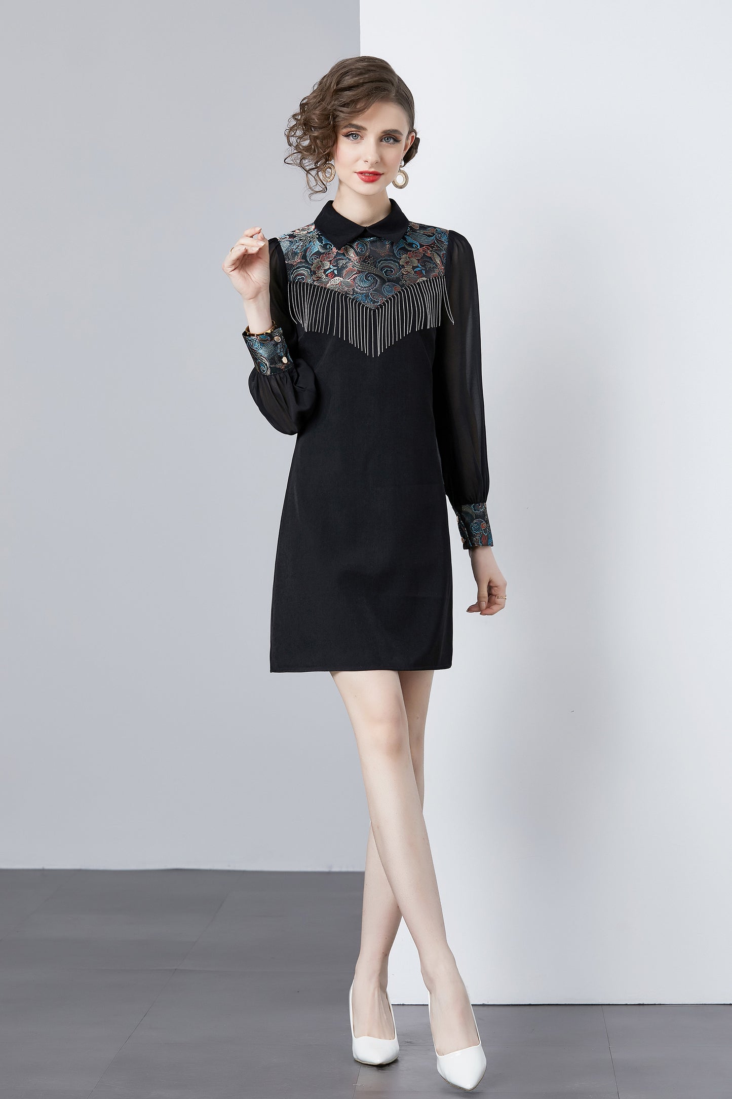 Vintage Women's Elegant Embroidered Hight Neck Mini Dress - LAI MENG FIVE CATS