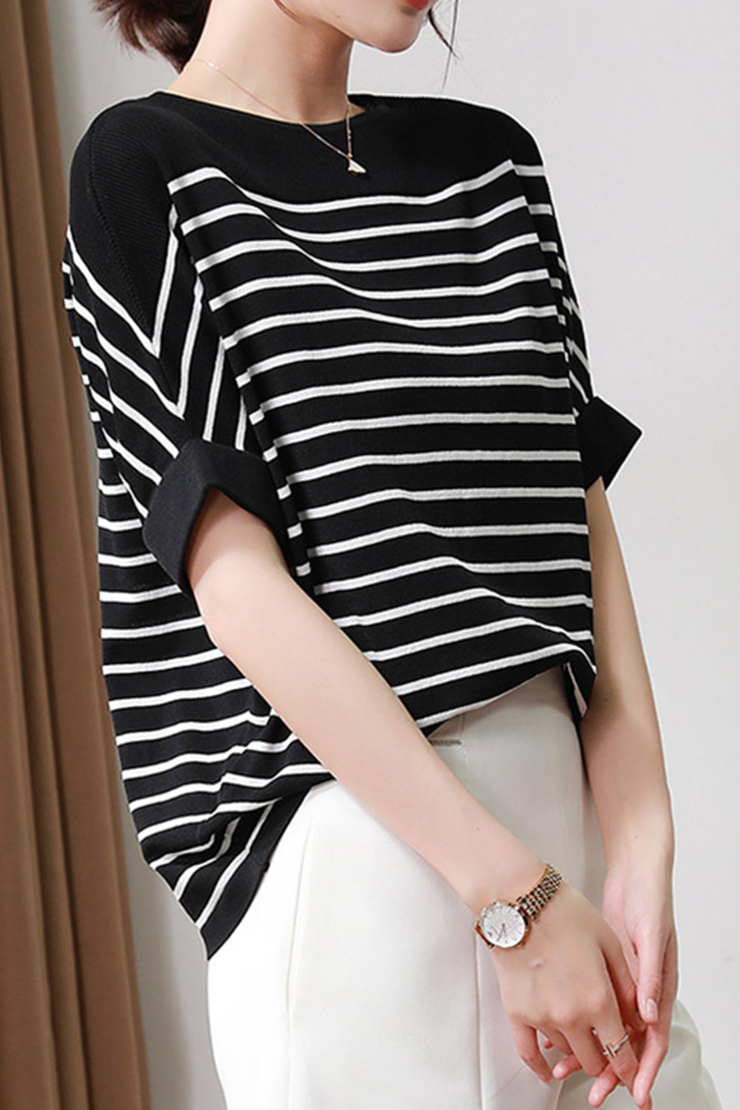 Women's Batwing Sleeves Knitted Striped Pullovers Tops