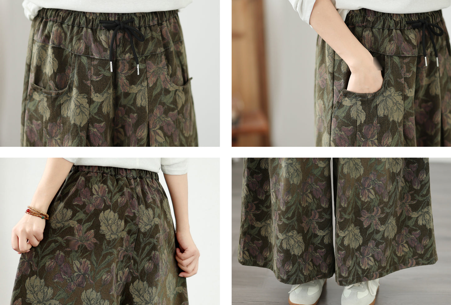 Boho Style Loose Fit Drawstring Floral Wide-Leg Denim Pants - LAI MENG FIVE CATS